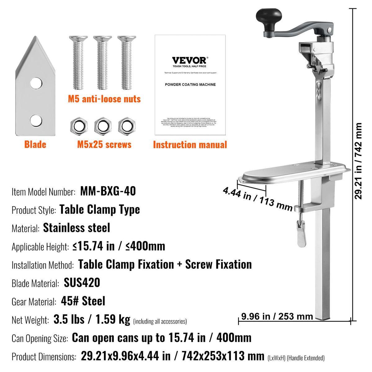 VEVOR Manual Can Opener, Commercial Table Clamp Opener for Large Cans, Heavy Duty Can Opener with Base, Adjustable Height Industrial Jar Opener For Cans Up to 40cm Tall, for Restaurant Hotel Home Bar