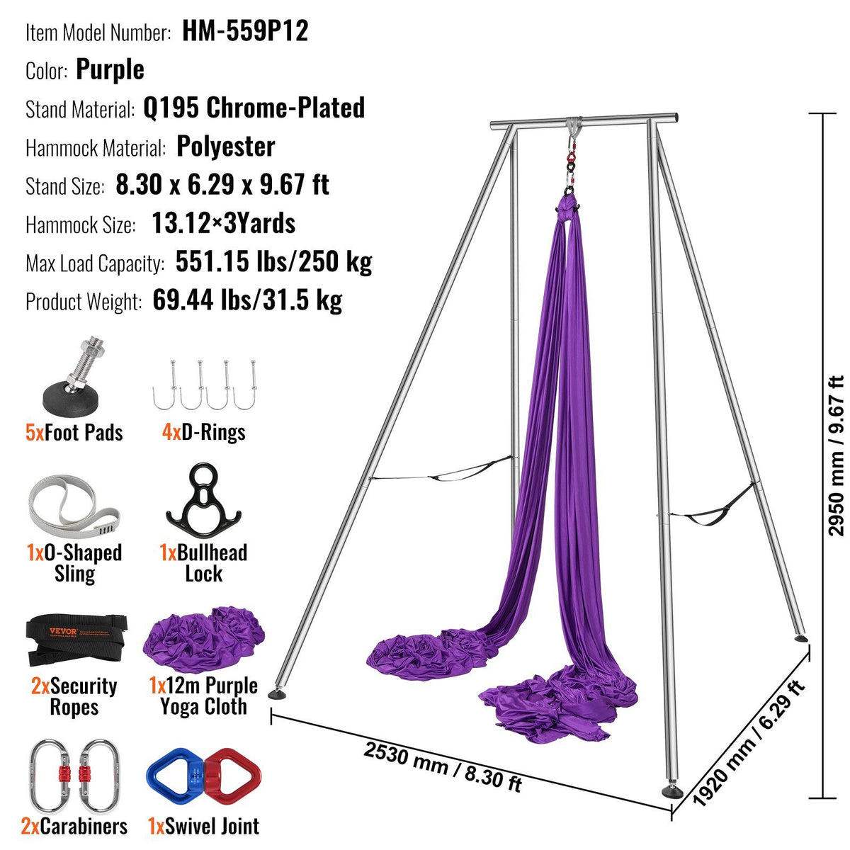 Aerial Yoga Frame & Yoga Hammock, 2950 mm Height Professional Yoga Swing Stand Comes with 12 m Length Aerial Hammock, Max 250 kg Load Capacity Yoga Rig for Indoor Outdoor Aerial Yoga, Purple