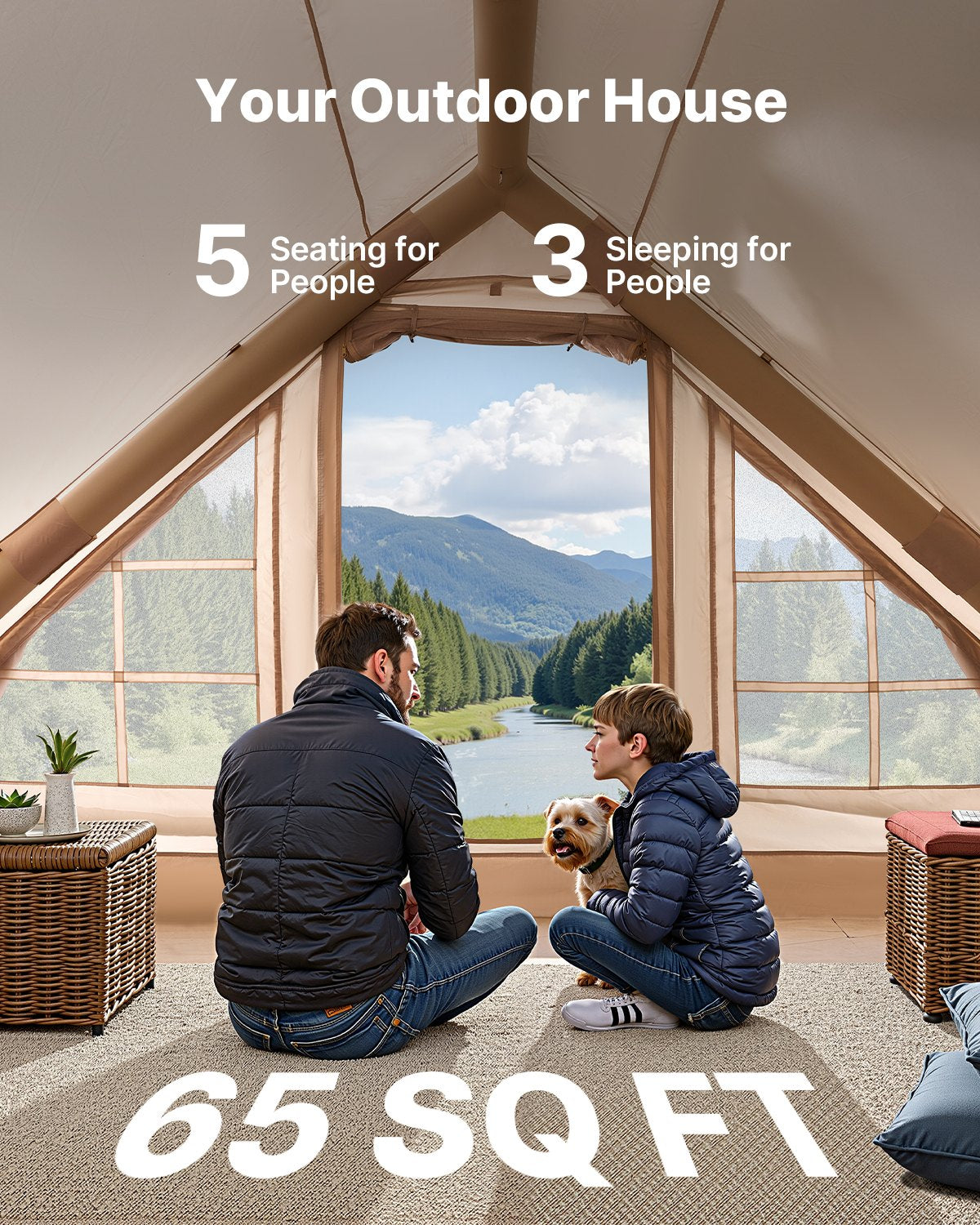 VEVOR Inflatable Tents for Camping, 3-5 Person Easy Setup Blow up Tent with Hand Pump, 300D Oxford 4 Season Glamping Tent with Canopy, Stove Jack, 2 Doors & 2 Mesh Windows (Storage Bag Included)