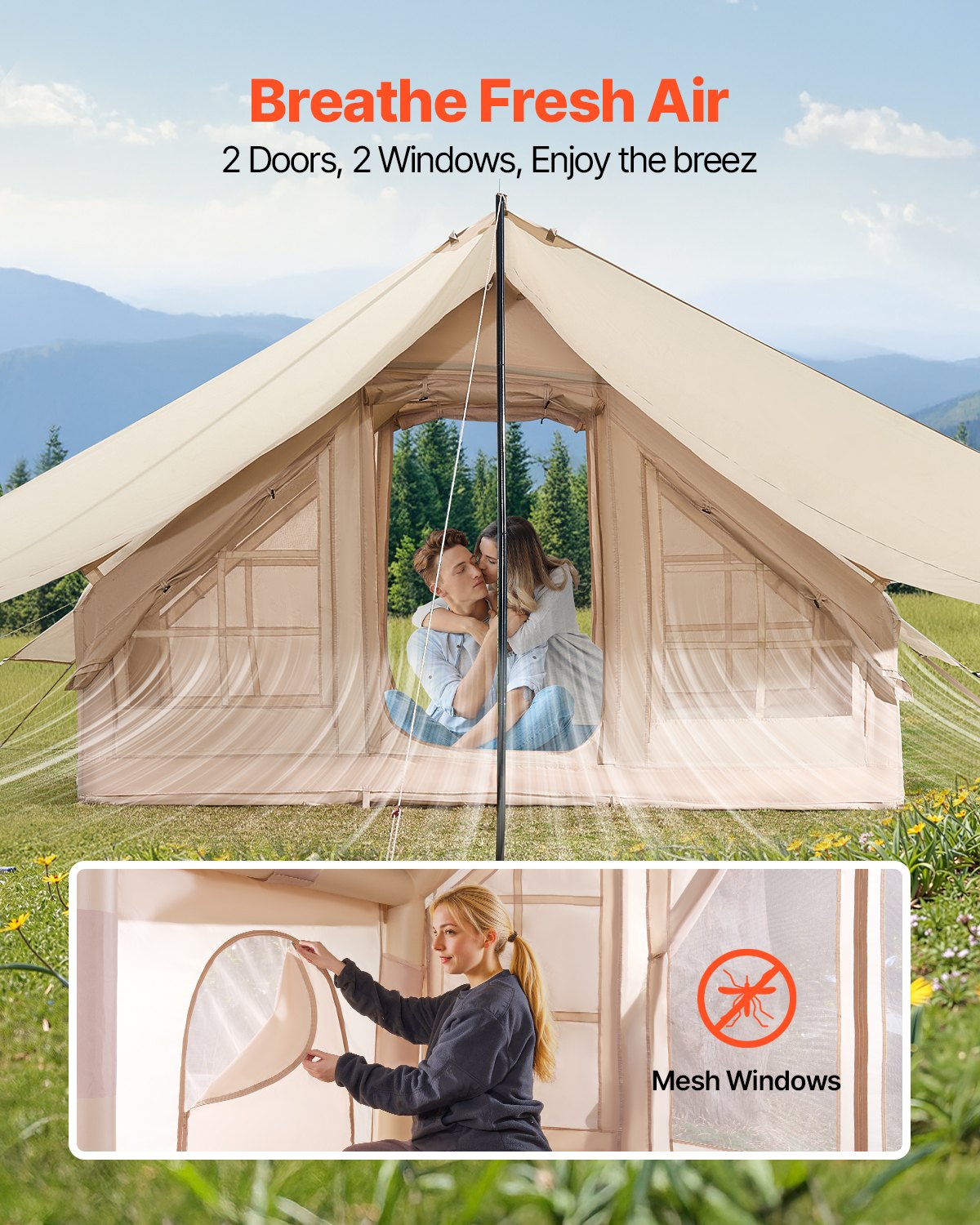 VEVOR Inflatable Tents for Camping, 3-5 Person Easy Setup Blow up Tent with Hand Pump, 300D Oxford 4 Season Glamping Tent with Canopy, Stove Jack, 2 Doors & 2 Mesh Windows (Storage Bag Included)