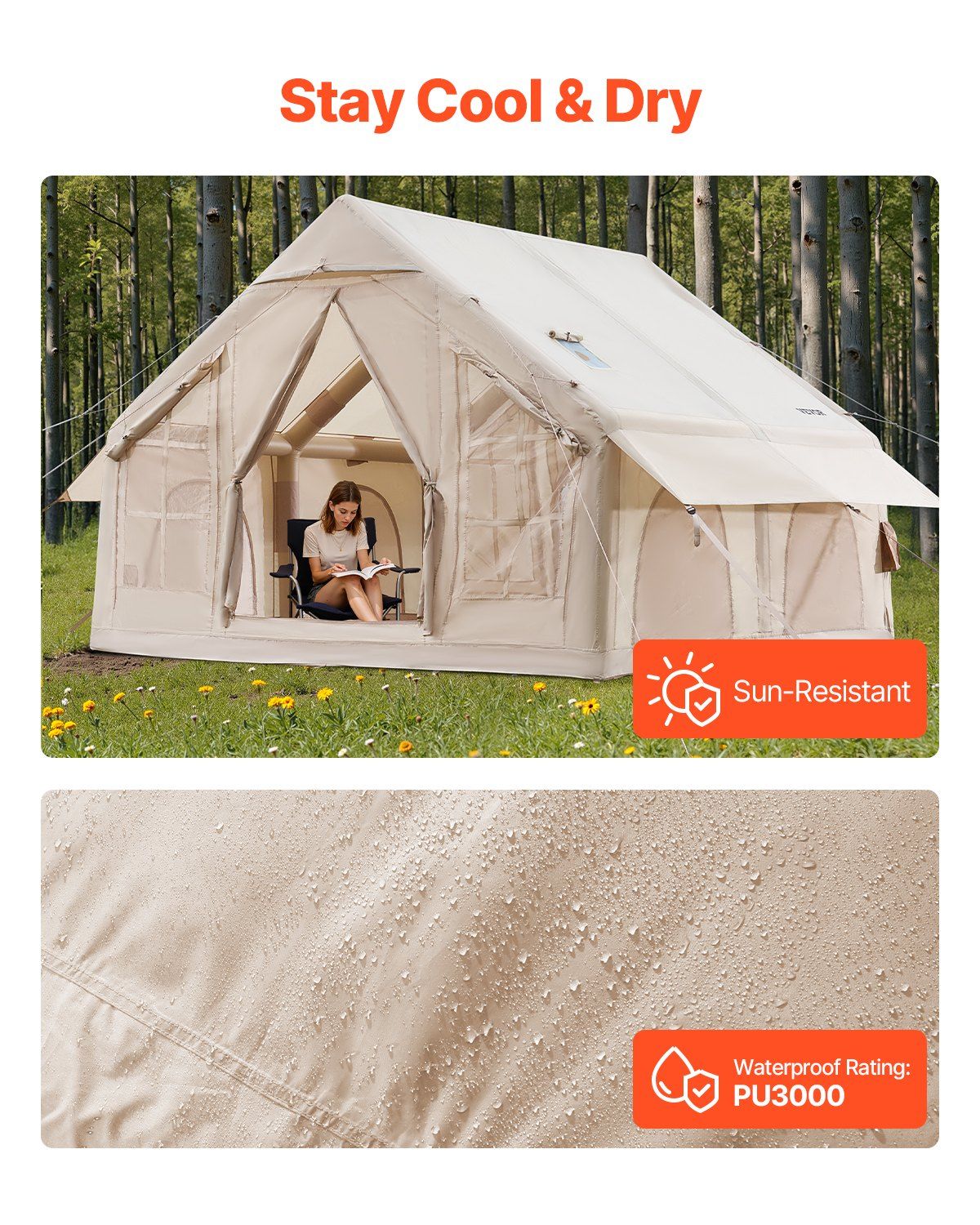 Inflatable Tents for Camping, 4-6 Person Easy Setup Blow up Tent with Hand Pump, 300D Oxford 4 Season Glamping Tent with Stove Jack 2 Doors & 4 Mesh Windows, Storage Bag Included for Easy Taking