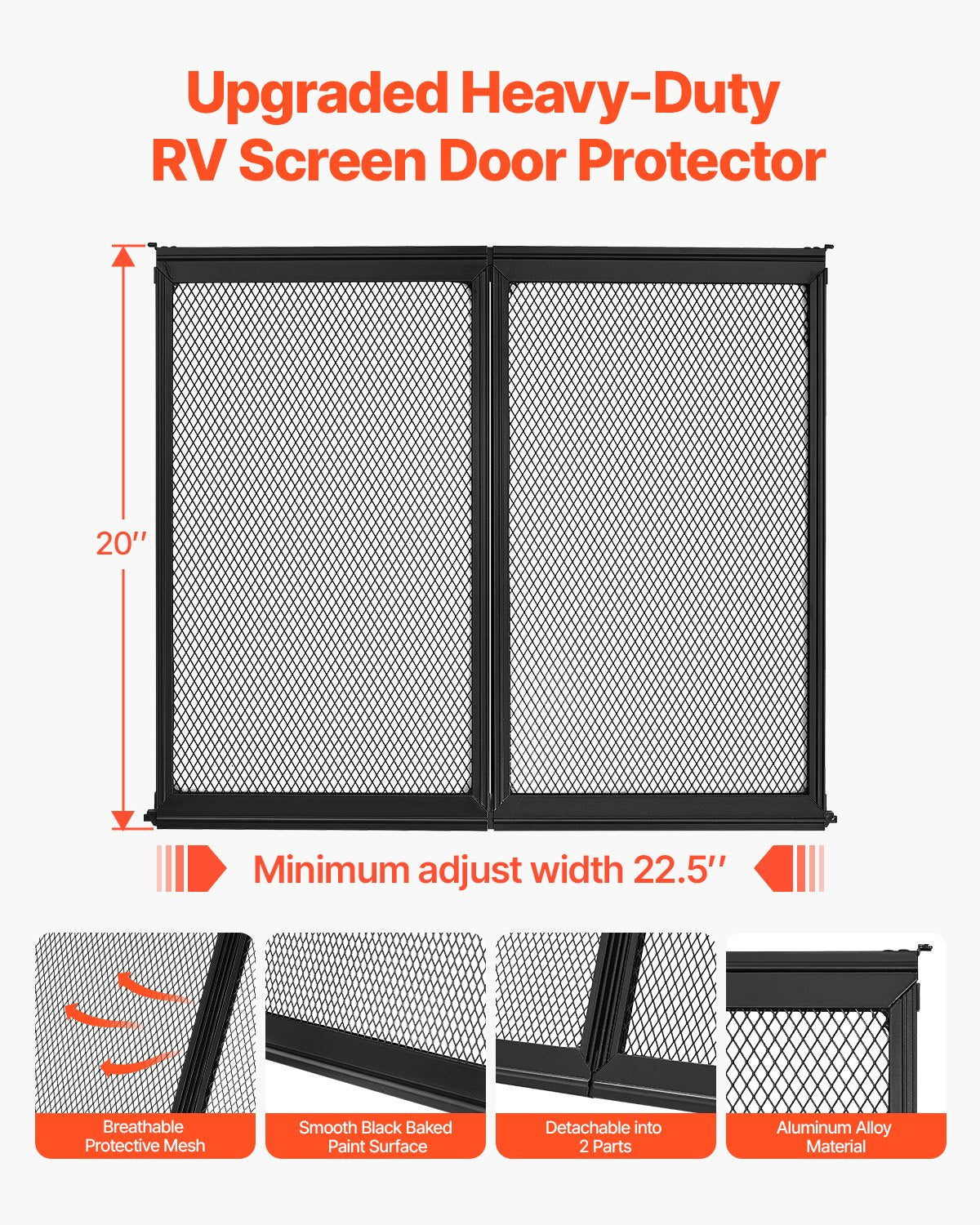 VEVOR RV Screen Door Protector, 571.5 x 508 mm Door Grille, Easy to Install and Disassemble, Reinforced Breathable Protective Mesh, Aluminum Alloy Camper RV Entry Protector for Pet Protection, Black