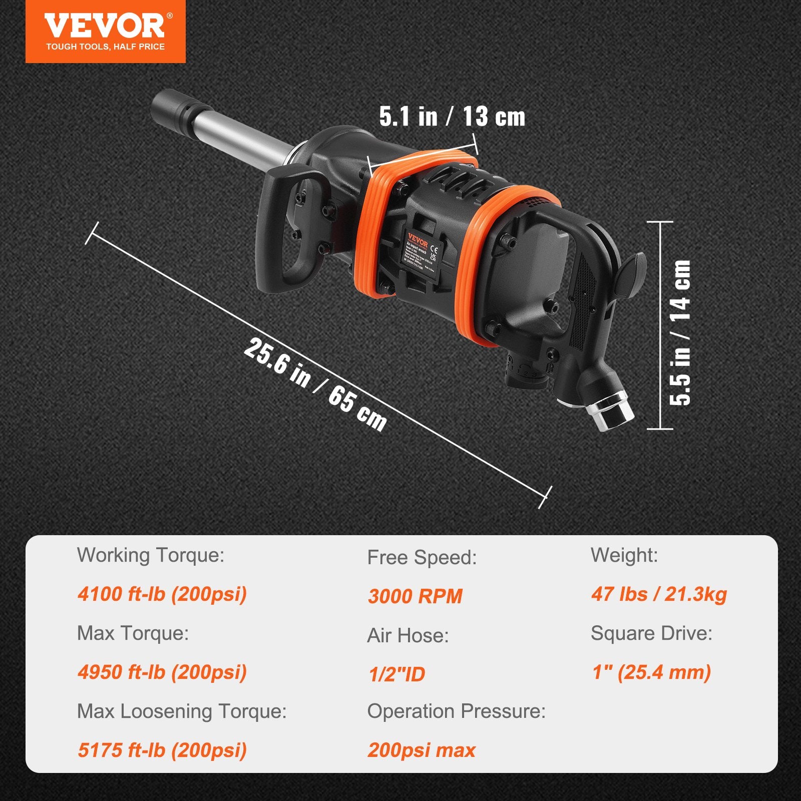 VEVOR 1 Inch Air Impact Wrench, Up to 5175 ft-lbs Beast Reverse Torque Output Pneumatic Impact Gun w/ 8 Inch Extended Anvil for Repairs_nd_aintenance of Heavy Duty Machinery / Semi-Truck / Bus