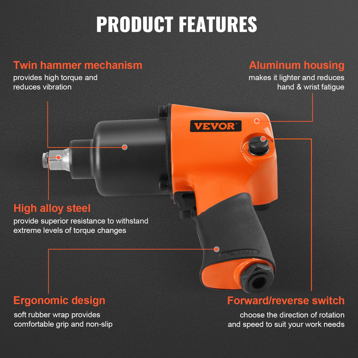 VEVOR Air Impact Wrench 1/2" Square Drive 880ft-lbs Nut-busting Torque 90-120PSI