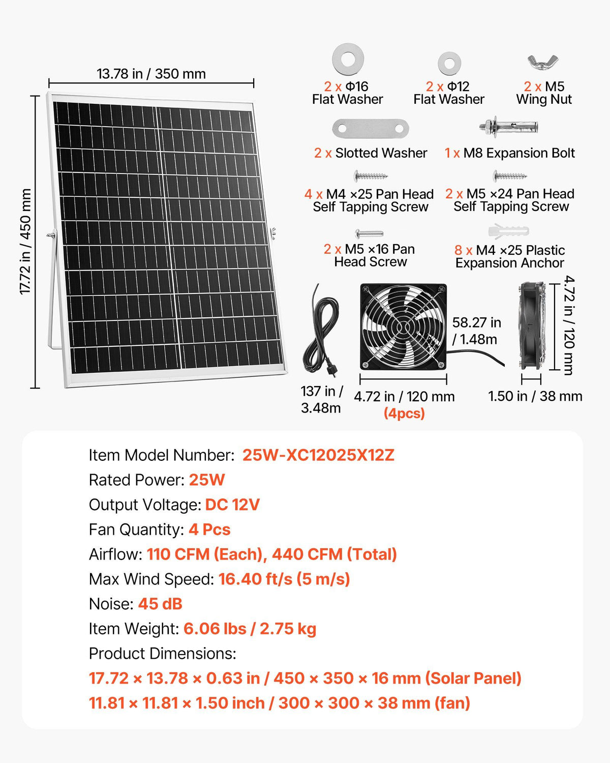 Solar Powered Fan, 25W Solar Panel with 4 Fans, Adjustable Solar Panel Angle, 2668 RPM High-Speed, Flexible Installation, Fast Air Exchange for Greenhouse, Grow Tents, Chicken Coops, Shelters