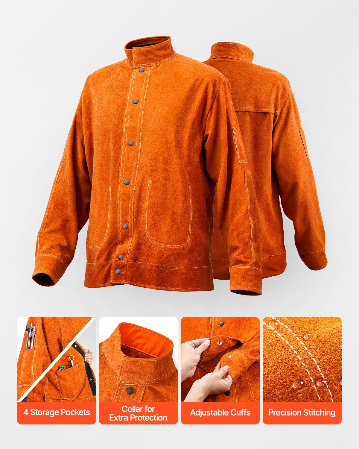 Flame-Resistant Welding Jacket - M Size, Heavy Duty Cowhide Leather Welding Jacket, Waterproof Heat-Resistant Safety Jacket with Snap Buttons, 4 Pockets & Adjustable Cuffs for Welders Steelworks