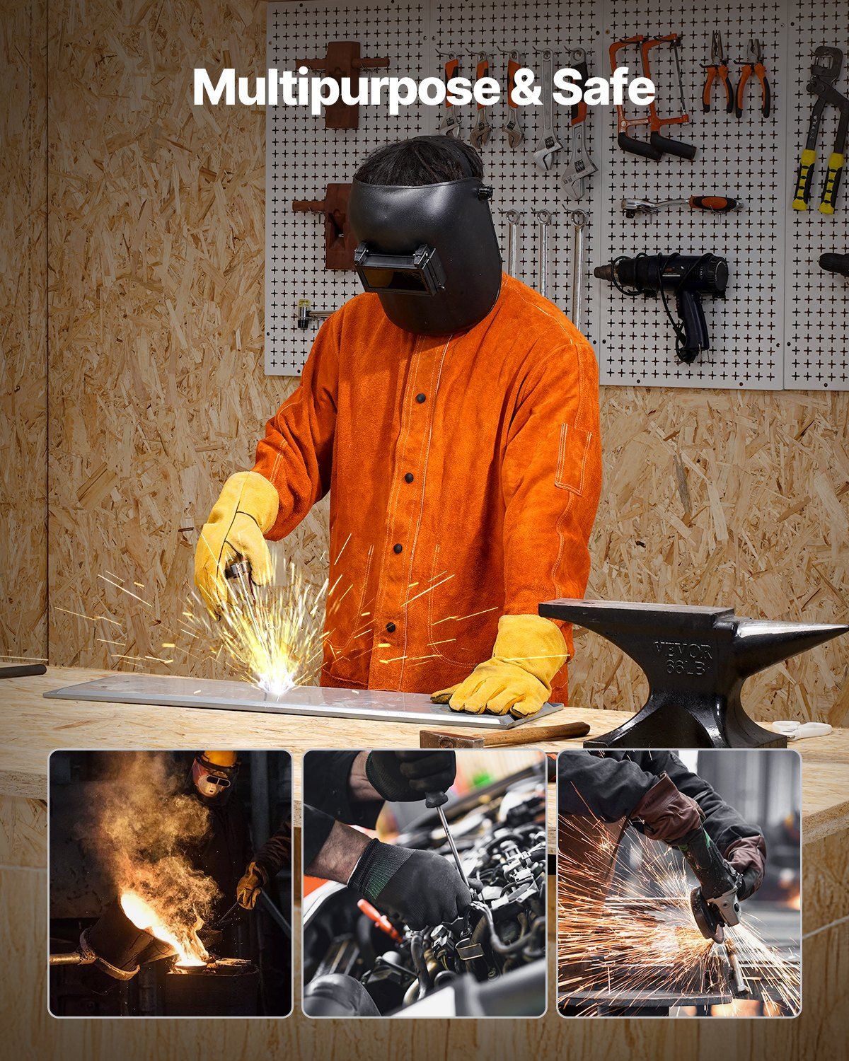 Flame-Resistant Welding Jacket - M Size, Heavy Duty Cowhide Leather Welding Jacket, Waterproof Heat-Resistant Safety Jacket with Snap Buttons, 4 Pockets & Adjustable Cuffs for Welders Steelworks