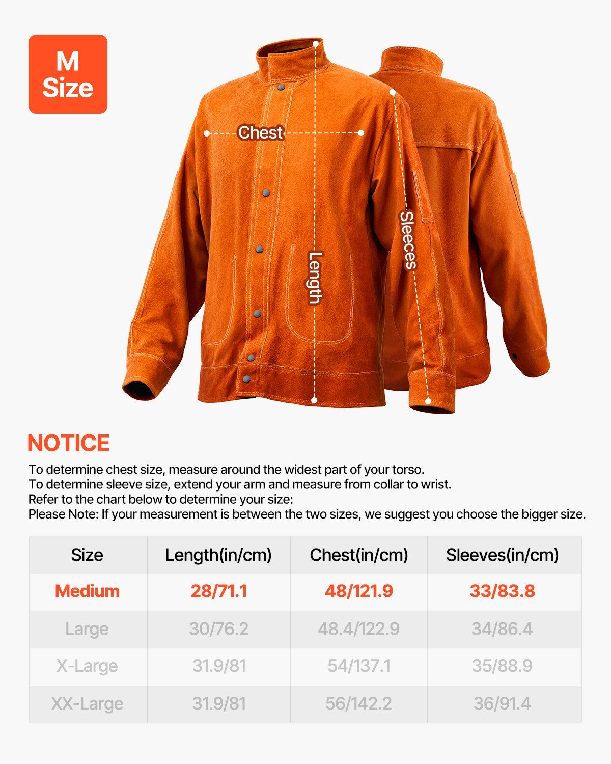 Flame-Resistant Welding Jacket - M Size, Heavy Duty Cowhide Leather Welding Jacket, Waterproof Heat-Resistant Safety Jacket with Snap Buttons, 4 Pockets & Adjustable Cuffs for Welders Steelworks
