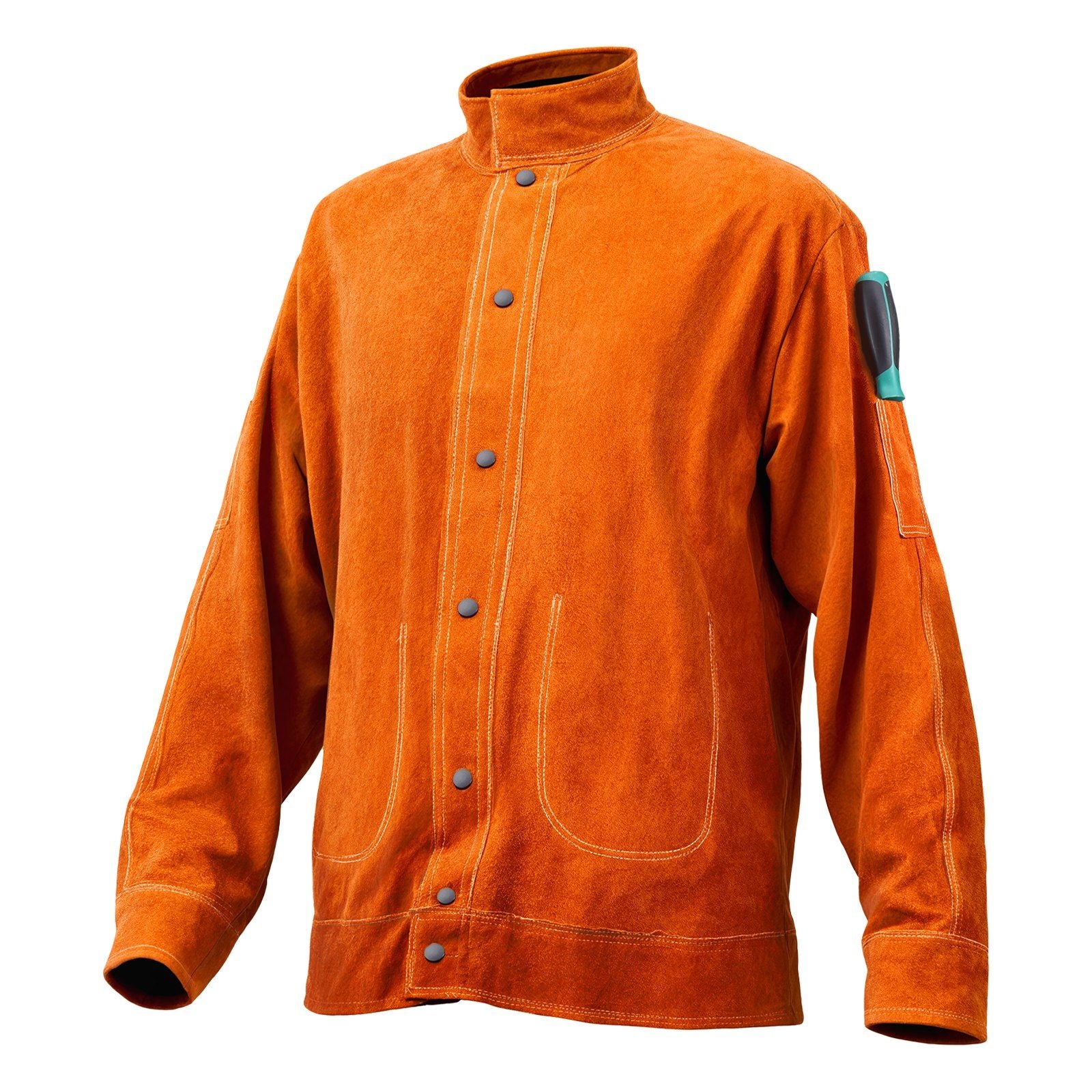 Flame-Resistant Welding Jacket - M Size, Heavy Duty Cowhide Leather Welding Jacket, Waterproof Heat-Resistant Safety Jacket with Snap Buttons, 4 Pockets & Adjustable Cuffs for Welders Steelworks