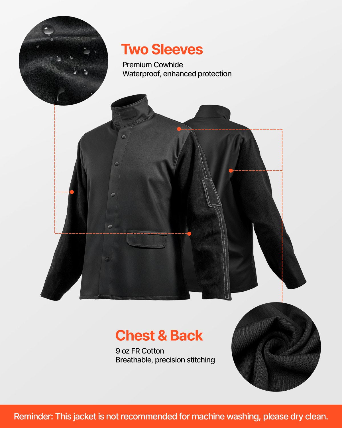 VEVOR FR Welding Jacket XXL Size Heavy Duty Cowhide Leather & 9oz FR Cotton