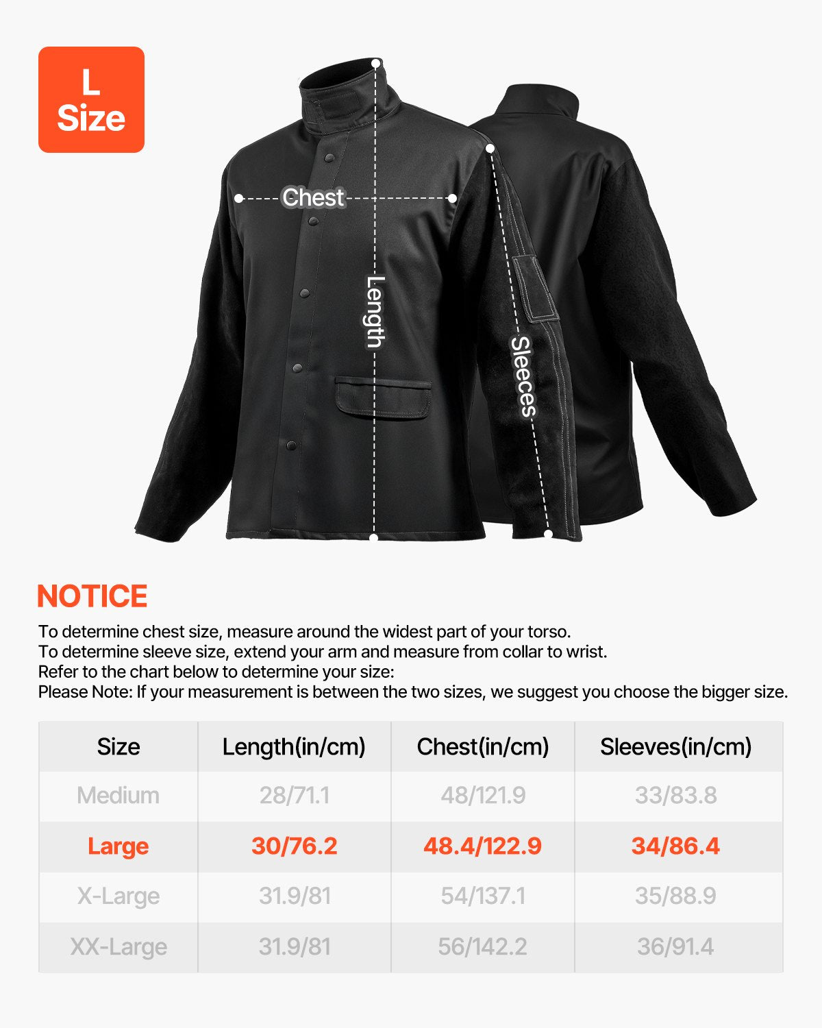 VEVOR FR Welding Jacket L Size Heavy Duty Cowhide Leather & 9oz FR Cotton