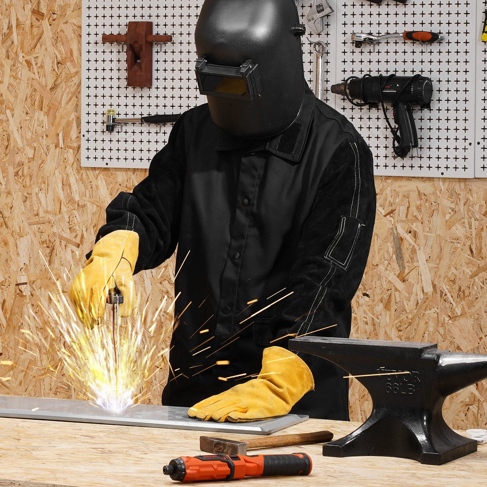 VEVOR FR Welding Jacket L Size Heavy Duty Cowhide Leather & 9oz FR Cotton