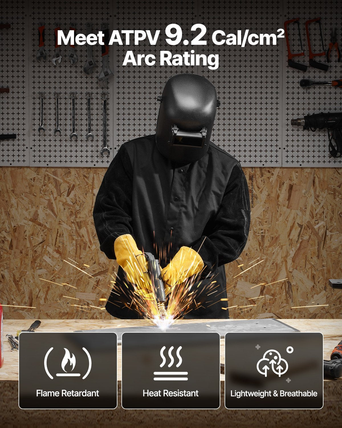 VEVOR FR Welding Jacket XL Size Heavy Duty Cowhide Leather & 9oz FR Cotton