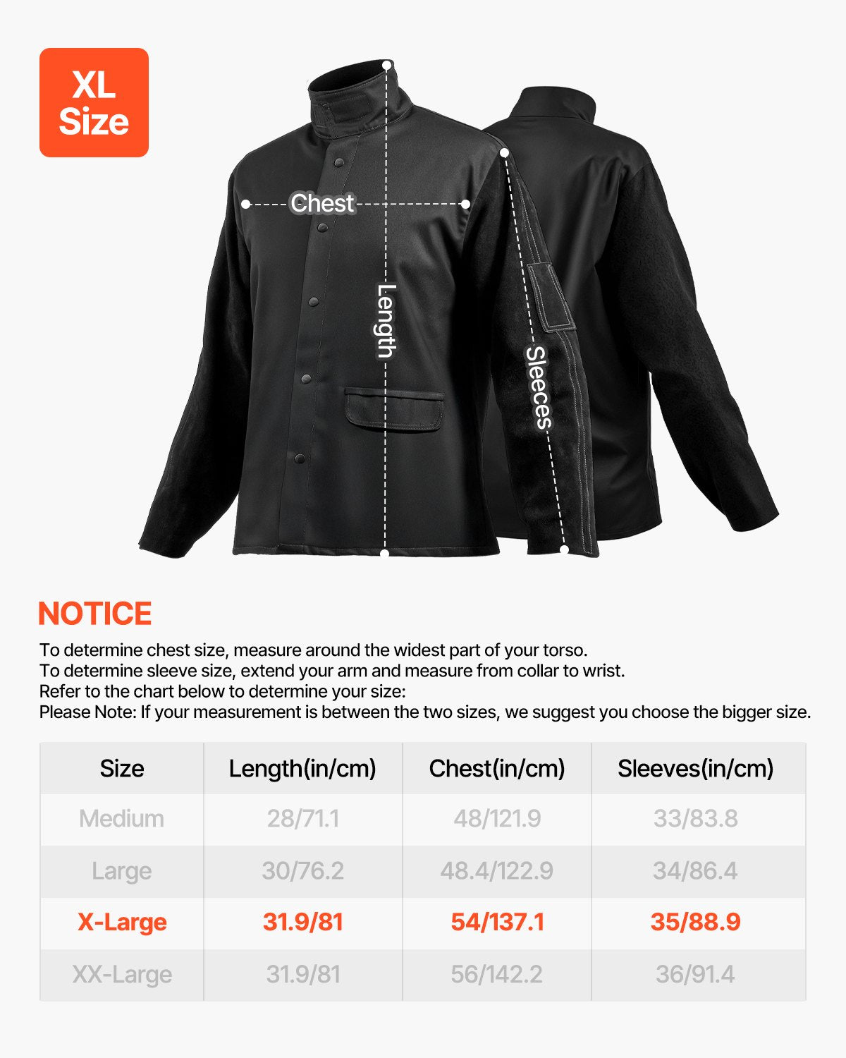 VEVOR FR Welding Jacket XL Size Heavy Duty Cowhide Leather & 9oz FR Cotton