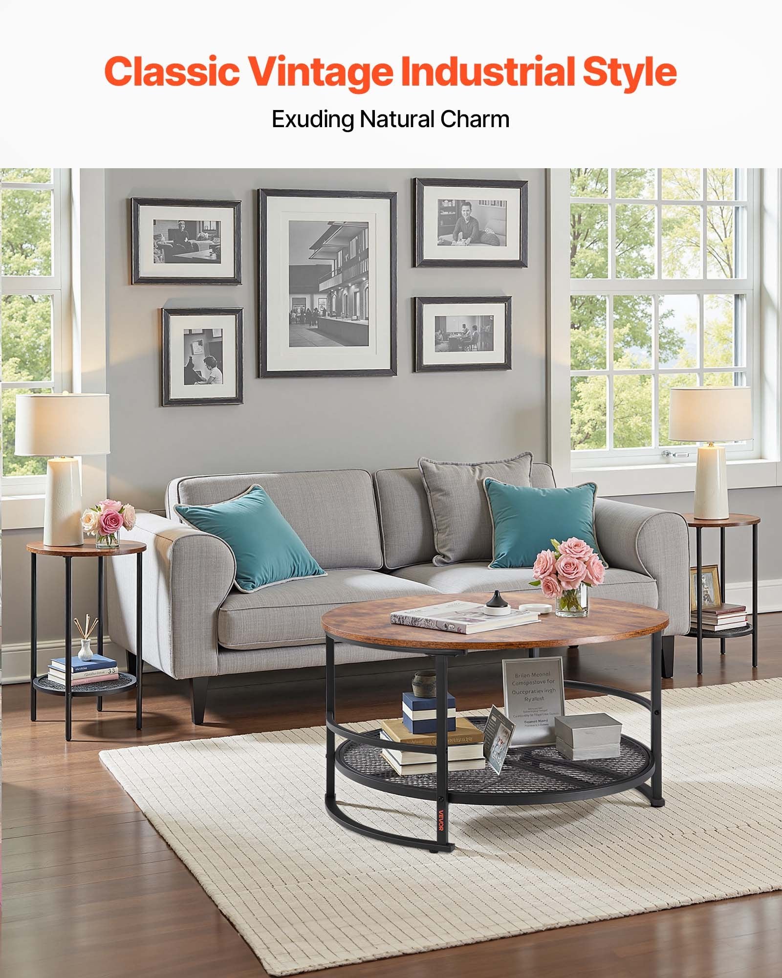 VEVOR 3 Pieces Round Coffee Table Set 80 cm with 2 End Tables for Living Room