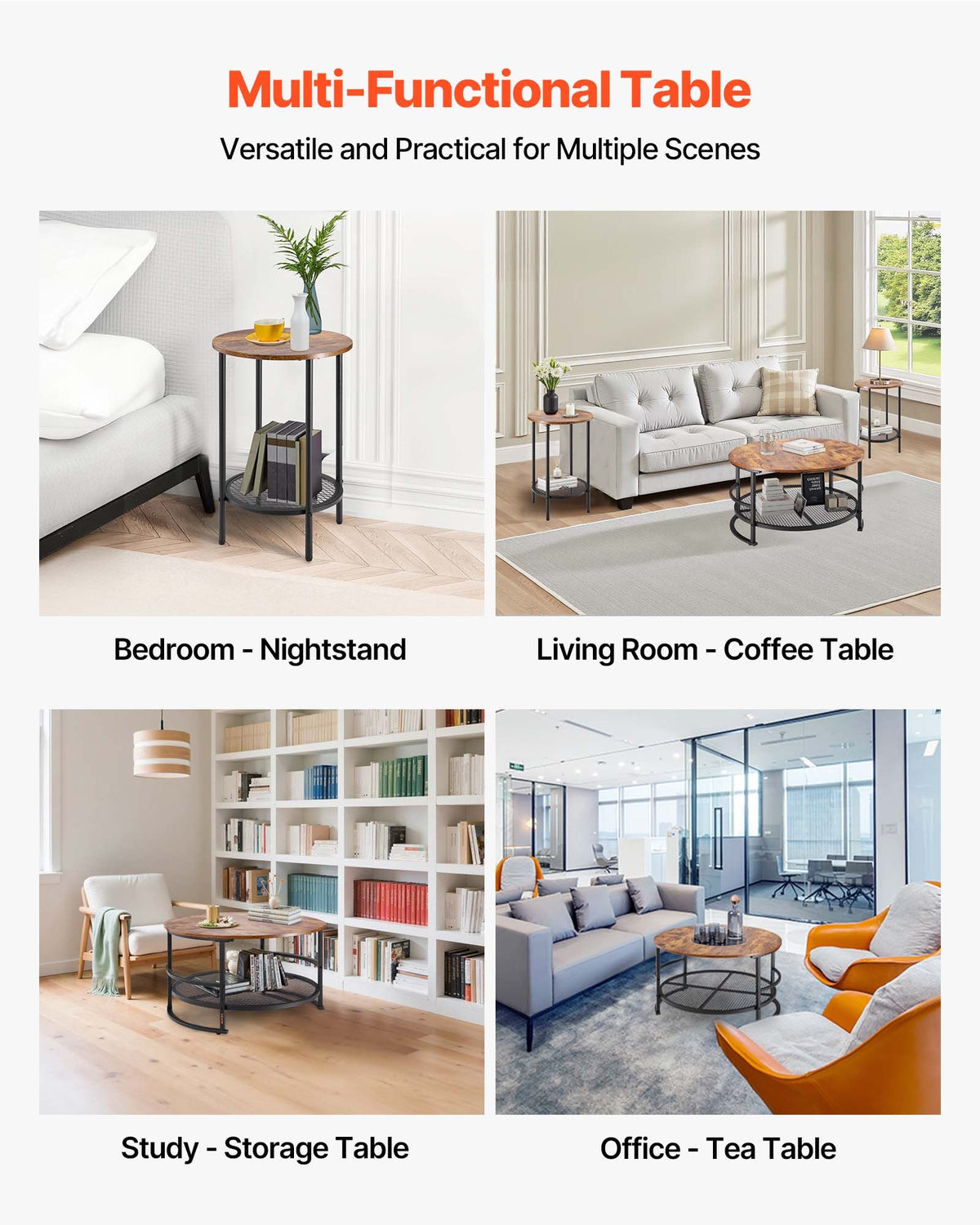 VEVOR 3 Pieces Round Coffee Table Set 80 cm with 2 End Tables for Living Room