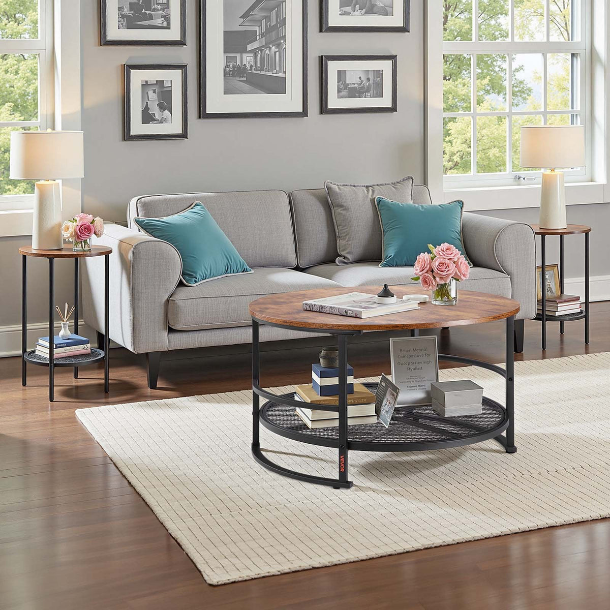 VEVOR 3 Pieces Round Coffee Table Set 80 cm with 2 End Tables for Living Room