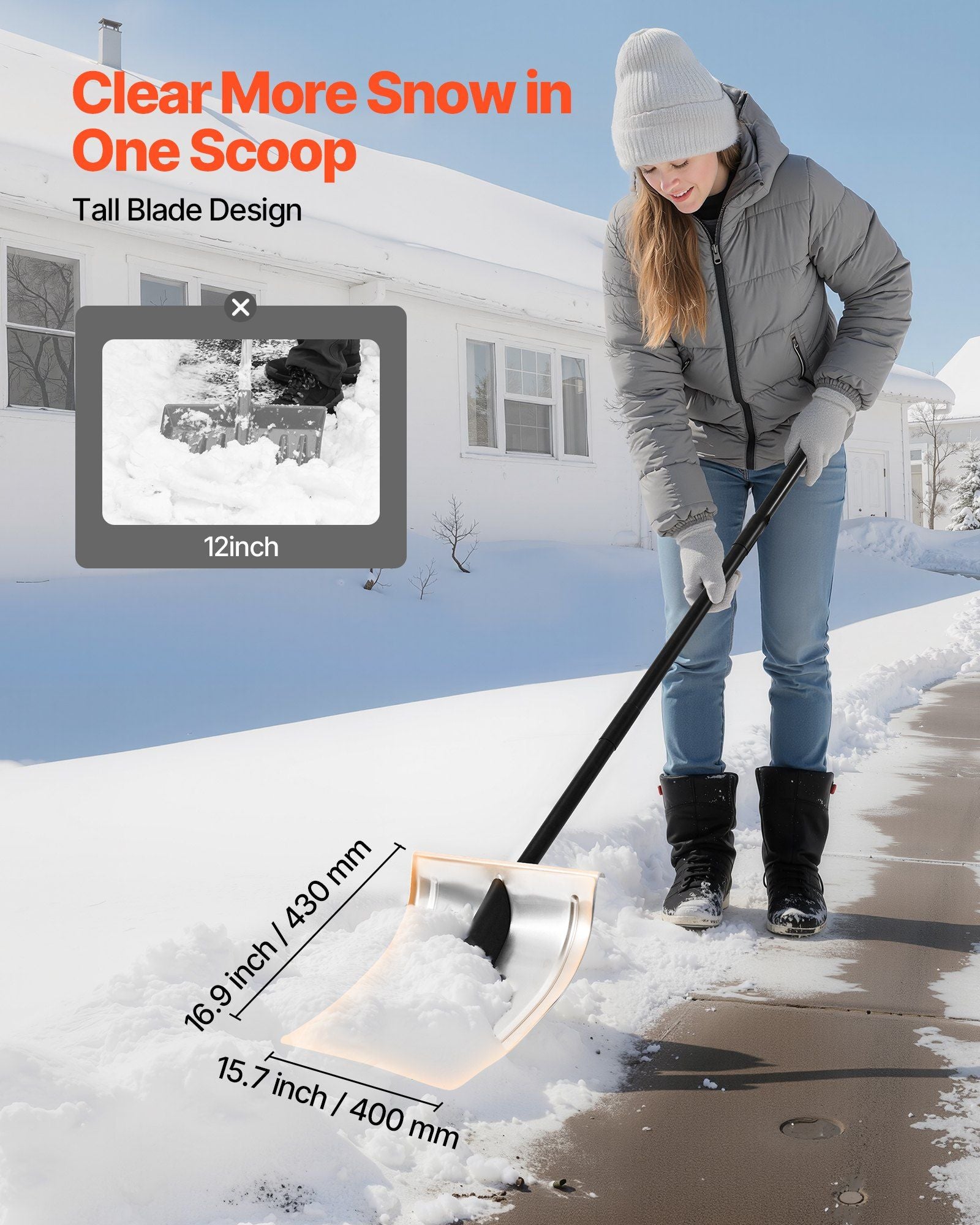 Snow Shovel for Driveway, 40cm Wide Aluminum Alloy Snow Shovel, Non Slip Grip, Large Capacity Snowplow Shovels, Detachable & Lightweight Snows Removal Tool for Garden Car Camping Outdoors
