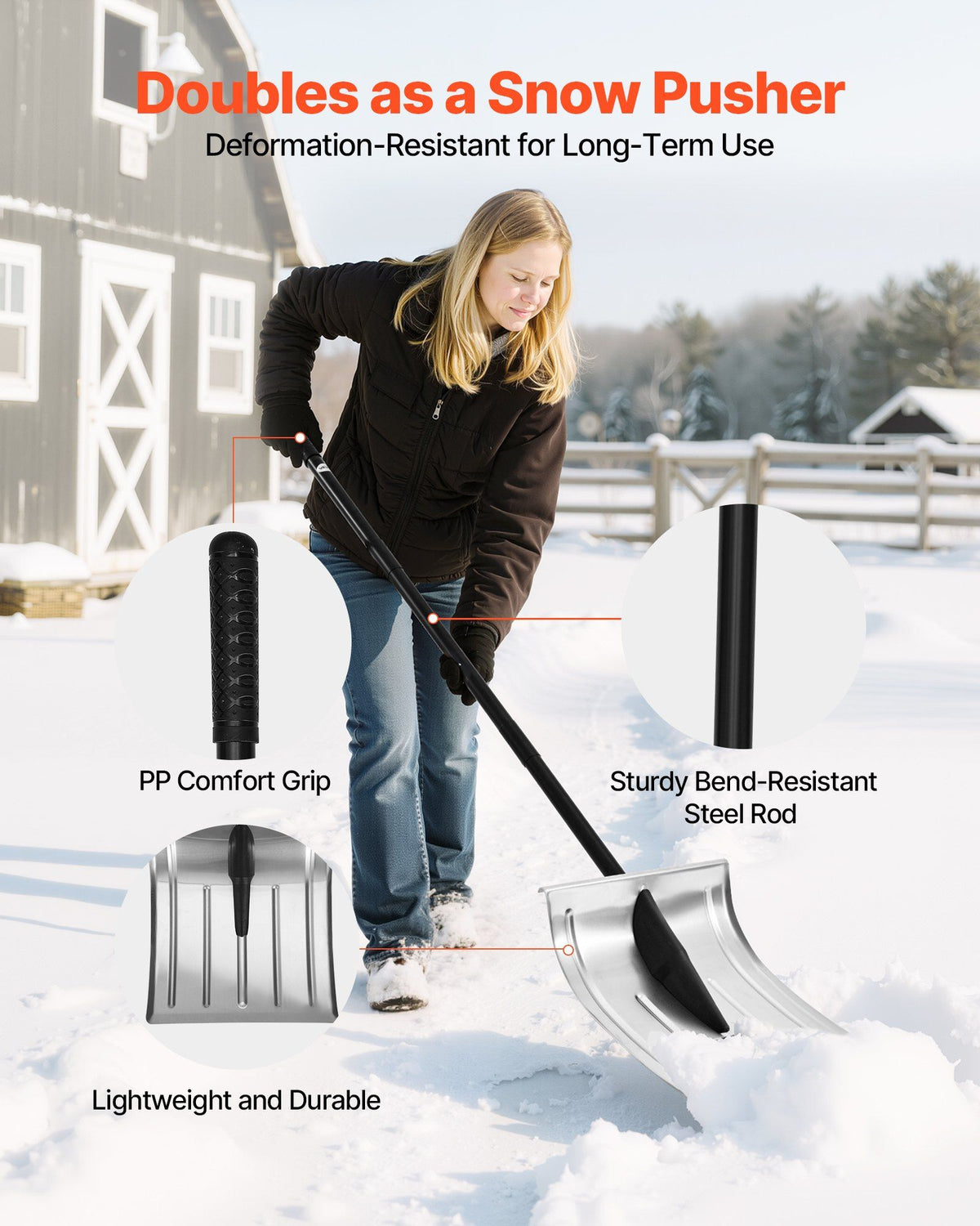 Snow Shovel for Driveway, 40cm Wide Aluminum Alloy Snow Shovel, Non Slip Grip, Large Capacity Snowplow Shovels, Detachable & Lightweight Snows Removal Tool for Garden Car Camping Outdoors