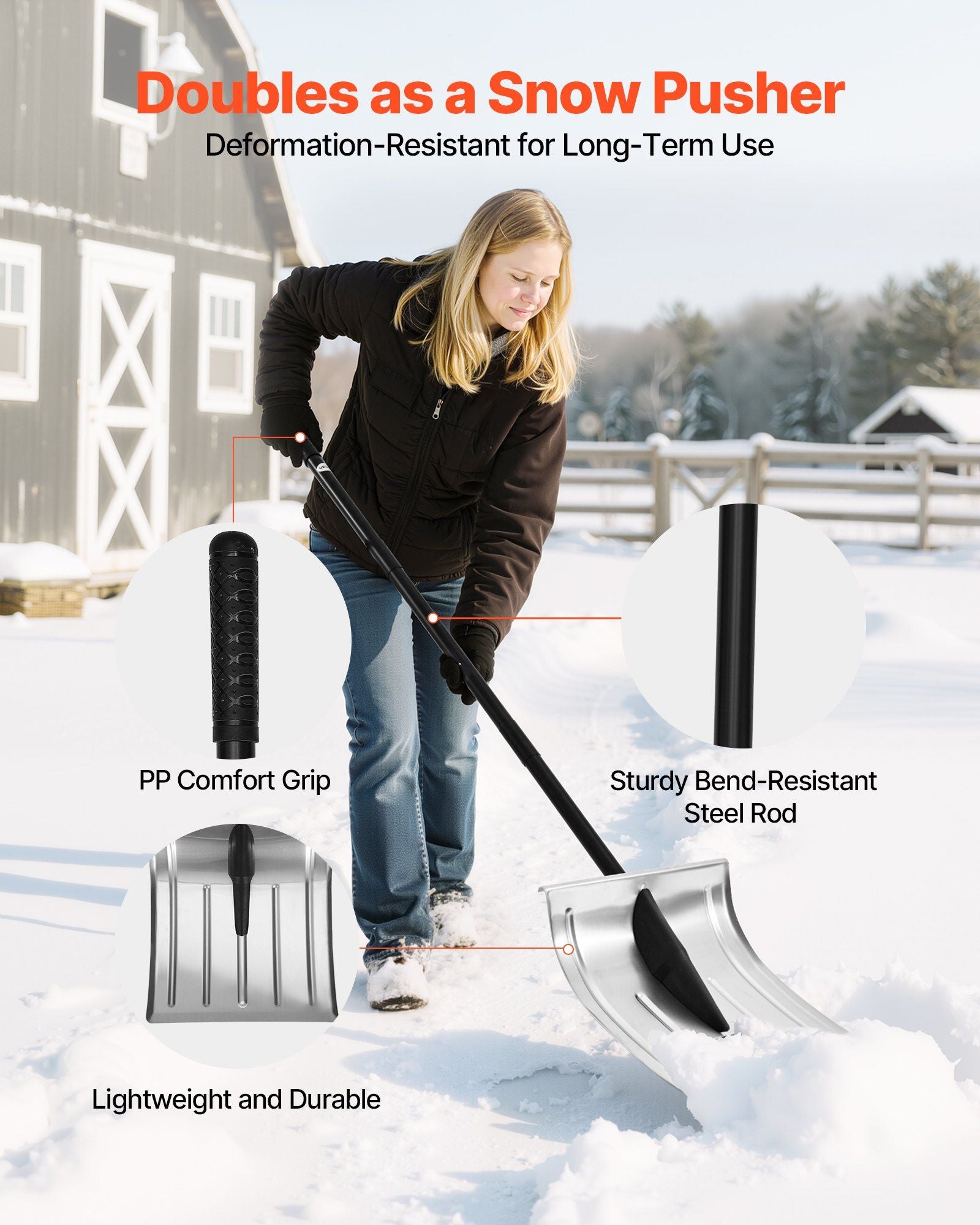 Snow Shovel for Driveway, 40cm Wide Aluminum Alloy Snow Shovel, Non Slip Grip, Large Capacity Snowplow Shovels, Detachable & Lightweight Snows Removal Tool for Garden Car Camping Outdoors