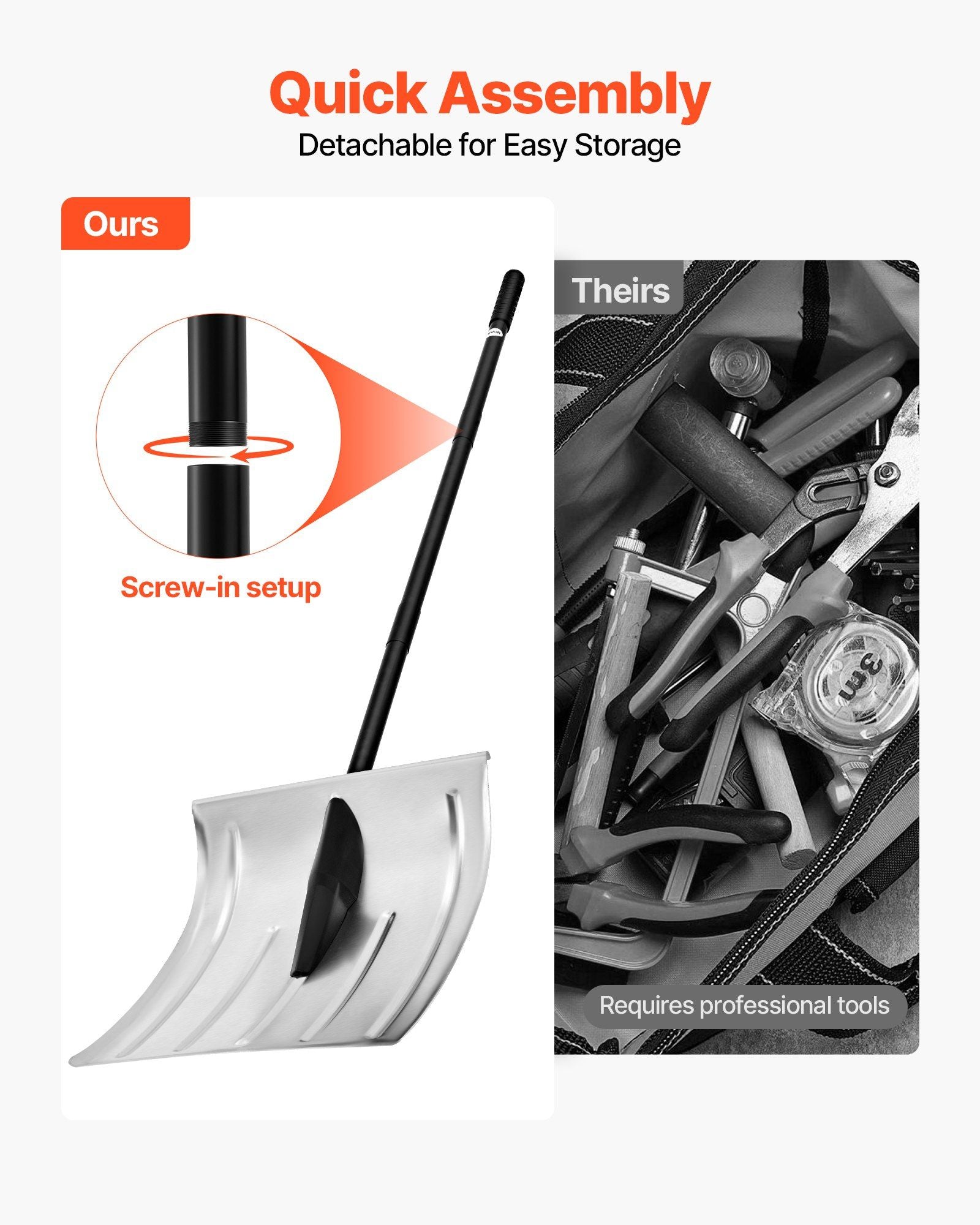 Snow Shovel for Driveway, 40cm Wide Aluminum Alloy Snow Shovel, Non Slip Grip, Large Capacity Snowplow Shovels, Detachable & Lightweight Snows Removal Tool for Garden Car Camping Outdoors