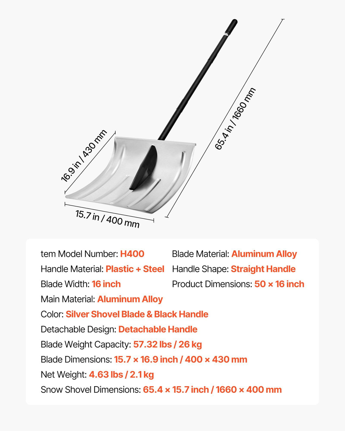 Snow Shovel for Driveway, 40cm Wide Aluminum Alloy Snow Shovel, Non Slip Grip, Large Capacity Snowplow Shovels, Detachable & Lightweight Snows Removal Tool for Garden Car Camping Outdoors