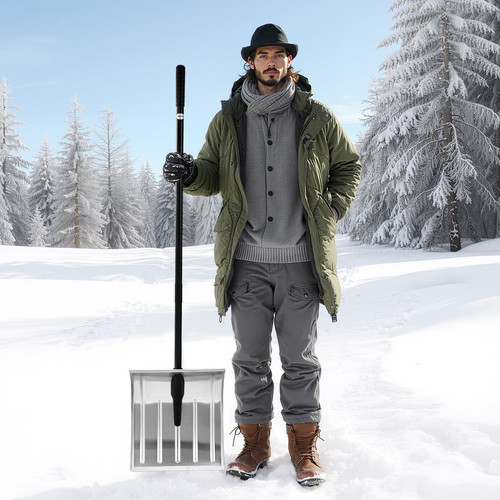 Snow Shovel for Driveway, 40cm Wide Aluminum Alloy Snow Shovel, Non Slip Grip, Large Capacity Snowplow Shovels, Detachable & Lightweight Snows Removal Tool for Garden Car Camping Outdoors