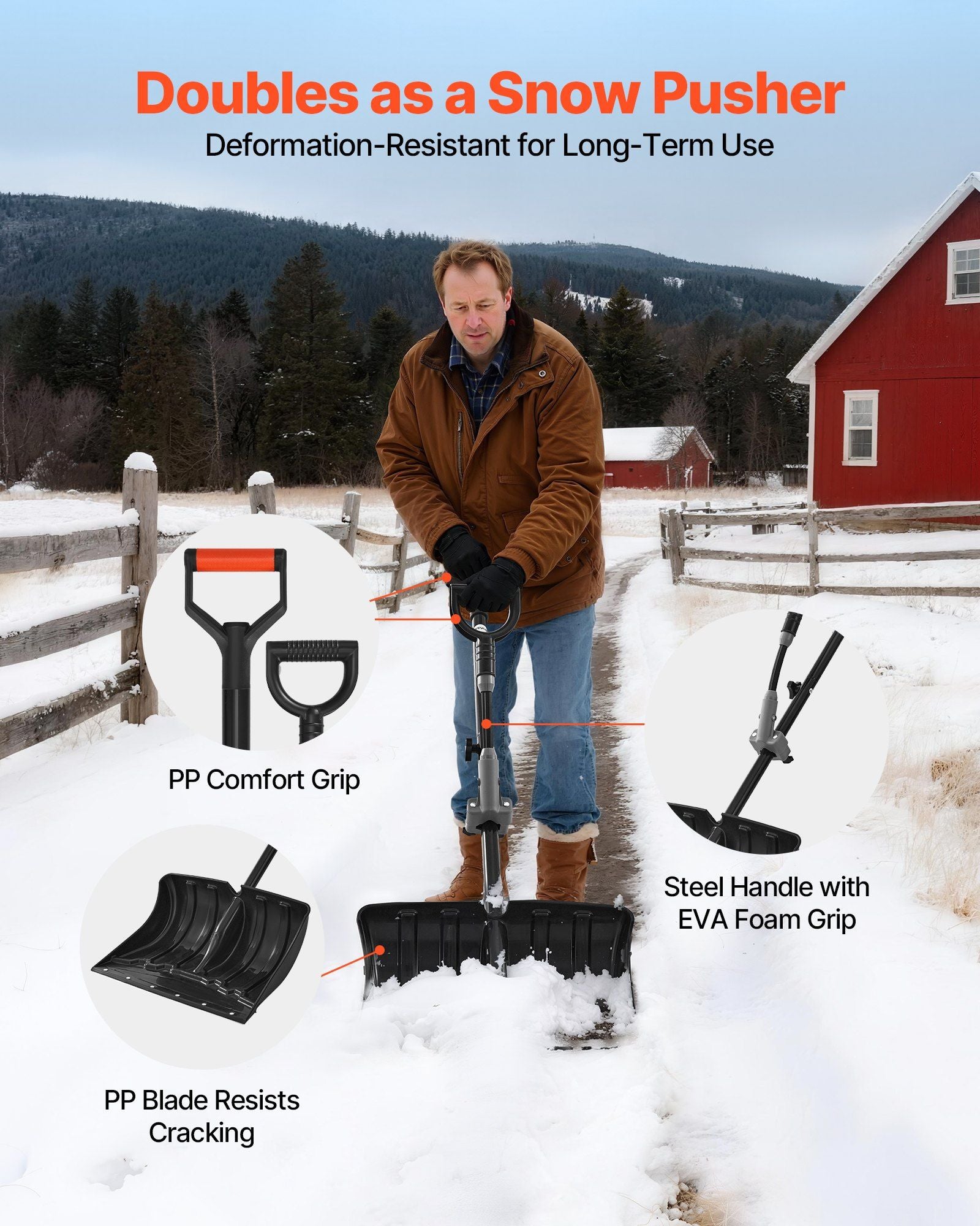 Snow Shovel for Driveway, 45.5cm Wide Snow Shovel with Assist D-shaped Handles, Non Slip Grip, Large Capacity Snowplow Shovels, Lightweight Snows Removal Tool for Garden Car Camping Outdoors