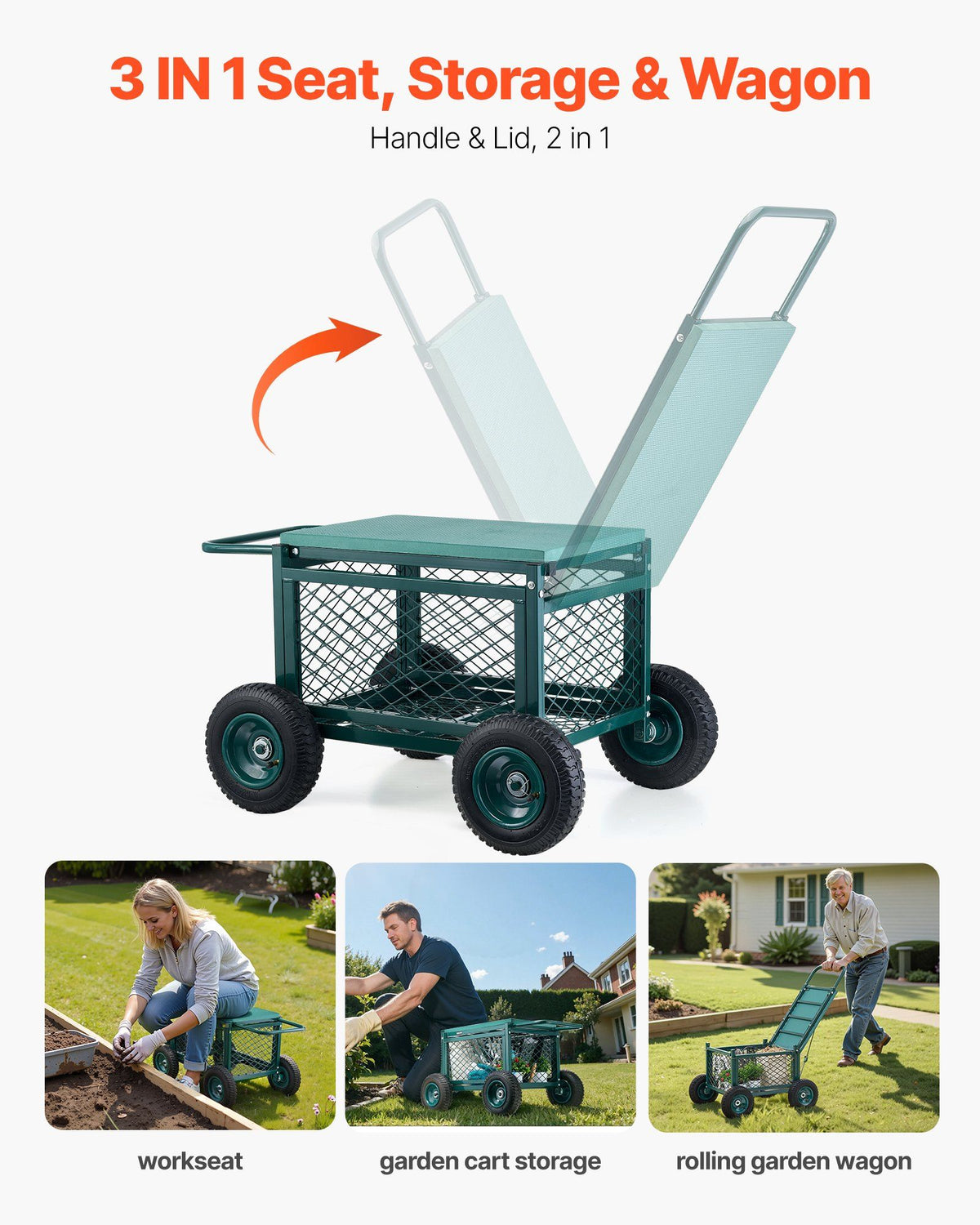 Rolling Garden Cart with Seat, Metal Rolling Garden Work Seat with Wheels, Supports up to 181 kg, Heavy Duty Gardening Cart Scooter, Outdoor Wagon & Stool on Wheels for Lawn, Patio, Backyard
