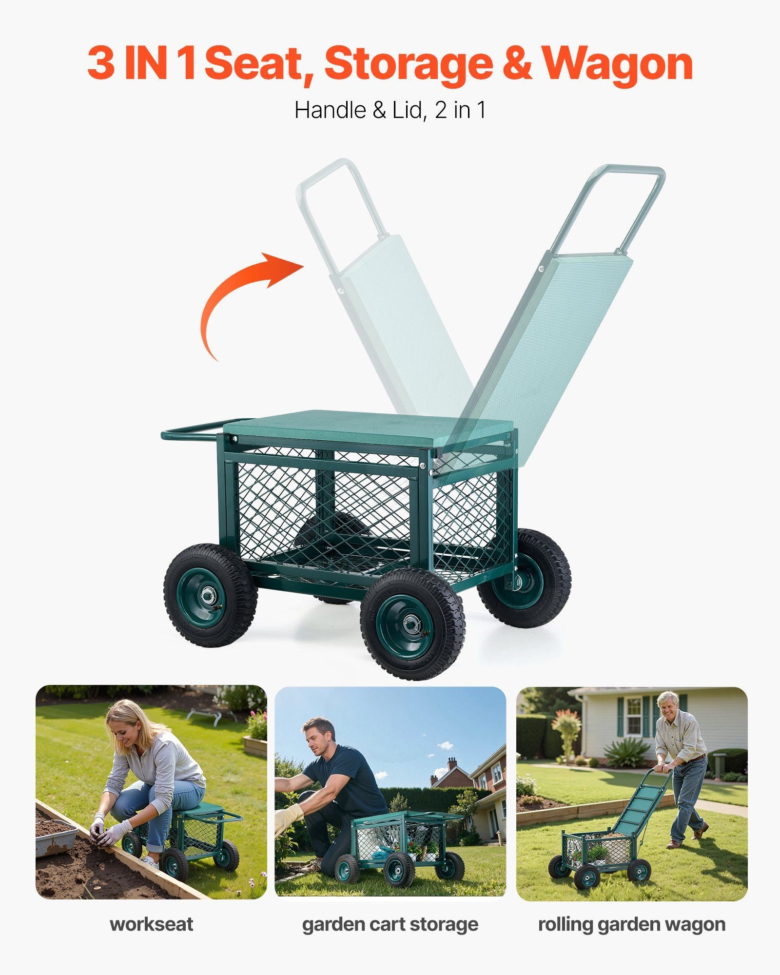 Rolling Garden Cart with Seat, Metal Rolling Garden Work Seat with Wheels, Supports up to 181 kg, Heavy Duty Gardening Cart Scooter, Outdoor Wagon & Stool on Wheels for Lawn, Patio, Backyard