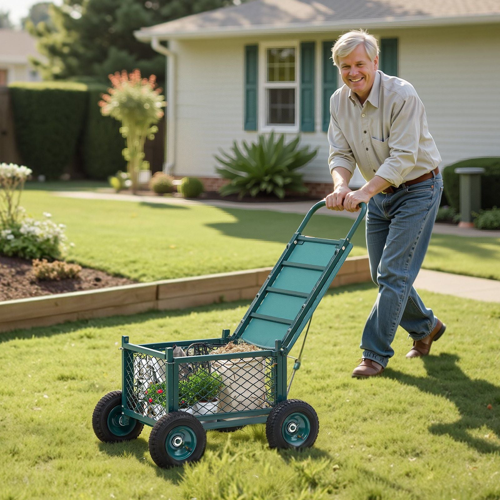 Rolling Garden Cart with Seat, Metal Rolling Garden Work Seat with Wheels, Supports up to 181 kg, Heavy Duty Gardening Cart Scooter, Outdoor Wagon & Stool on Wheels for Lawn, Patio, Backyard