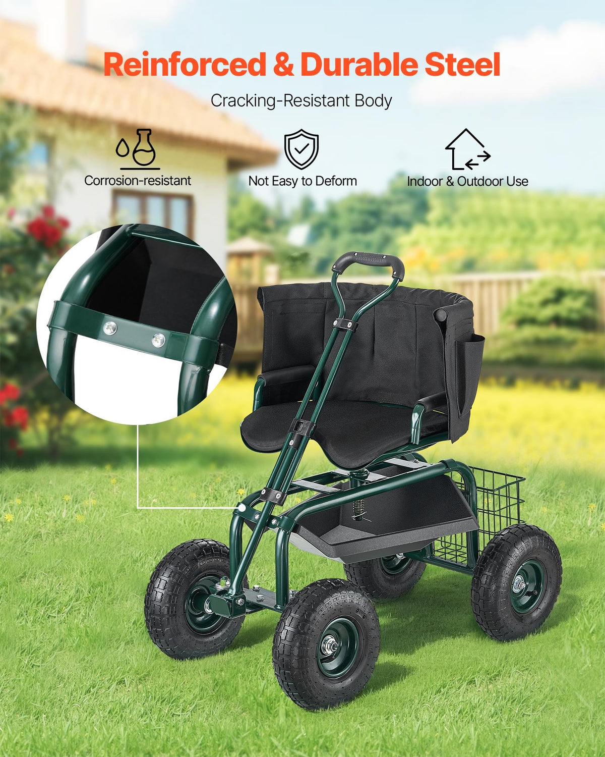 VEVOR Rolling Garden Cart with Swivel Seat Wheels Extendable Handle Storage Box