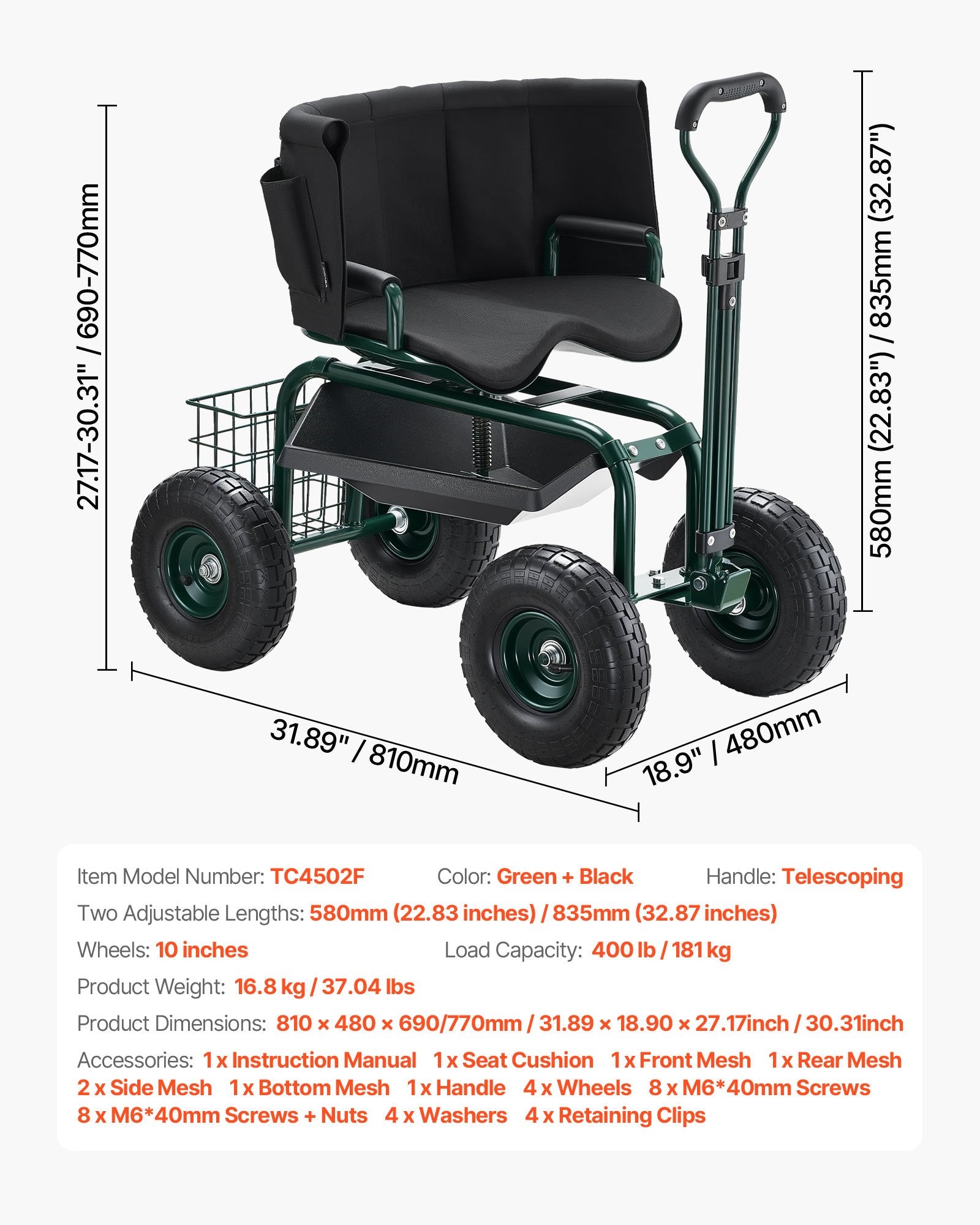 VEVOR Rolling Garden Cart with Swivel Seat Wheels Extendable Handle Storage Box