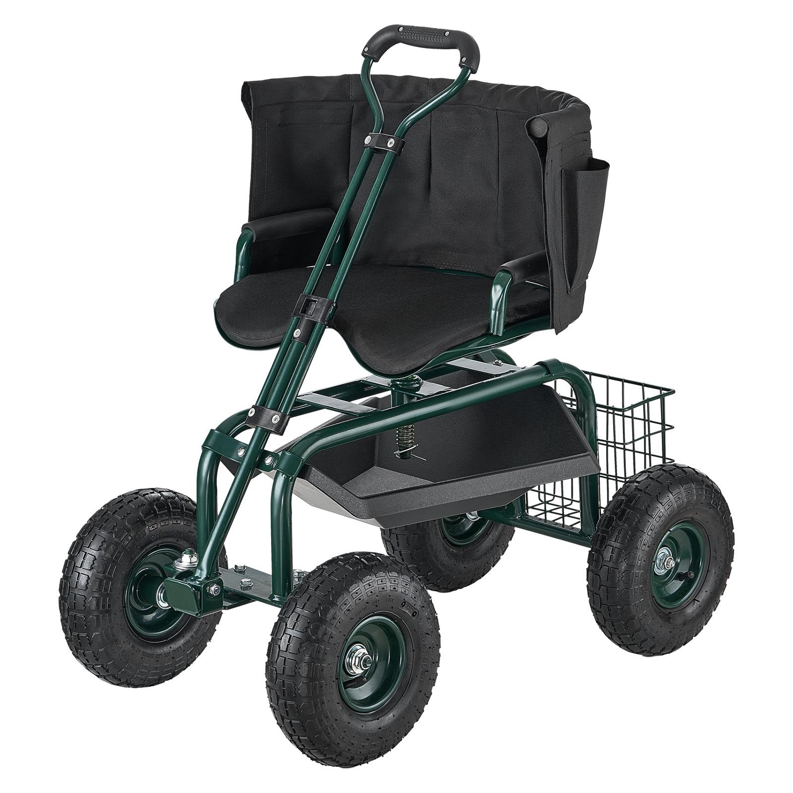 VEVOR Rolling Garden Cart with Swivel Seat Wheels Extendable Handle Storage Box