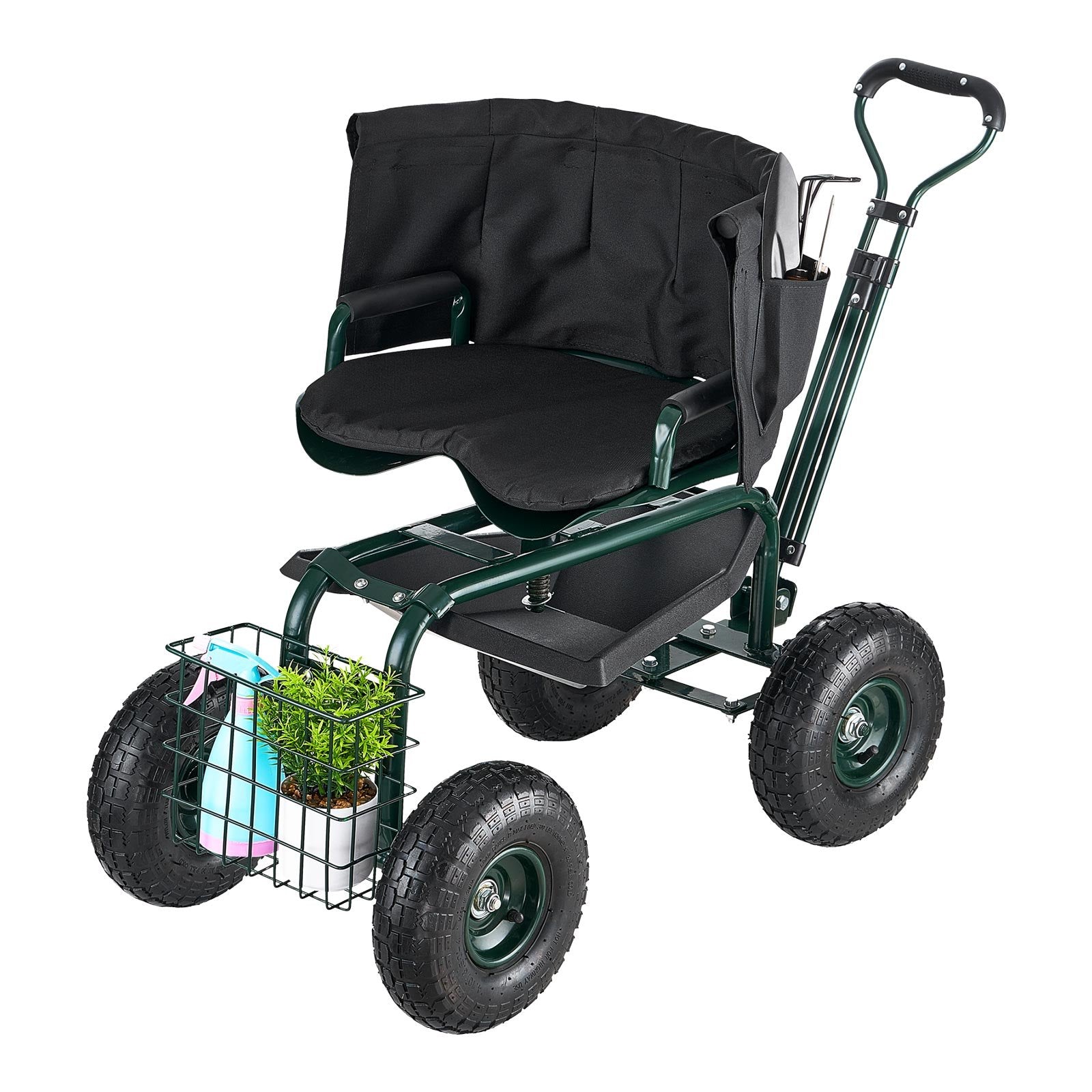VEVOR Rolling Garden Cart with Swivel Seat Wheels Extendable Handle Storage Box