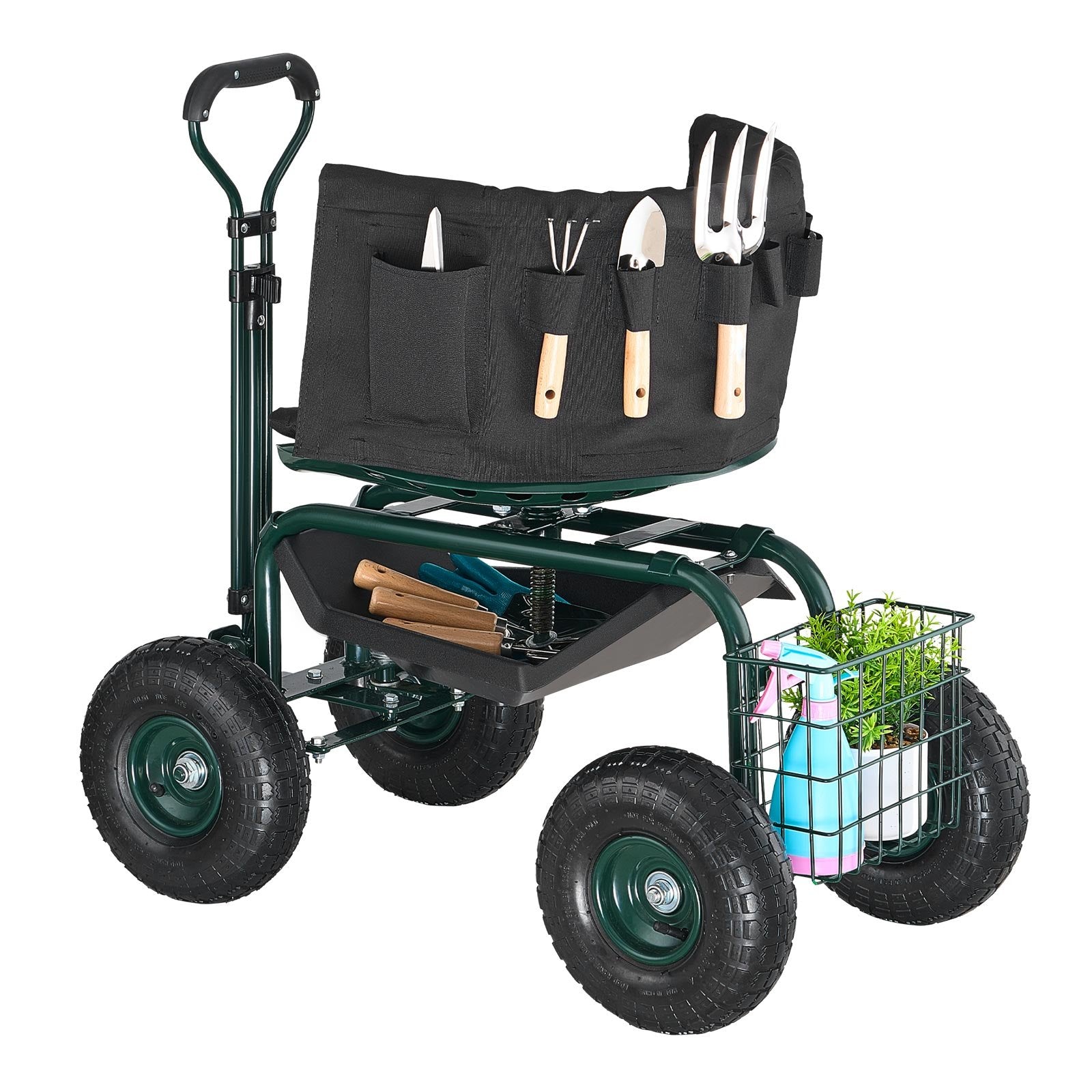VEVOR Rolling Garden Cart with Swivel Seat Wheels Extendable Handle Storage Box