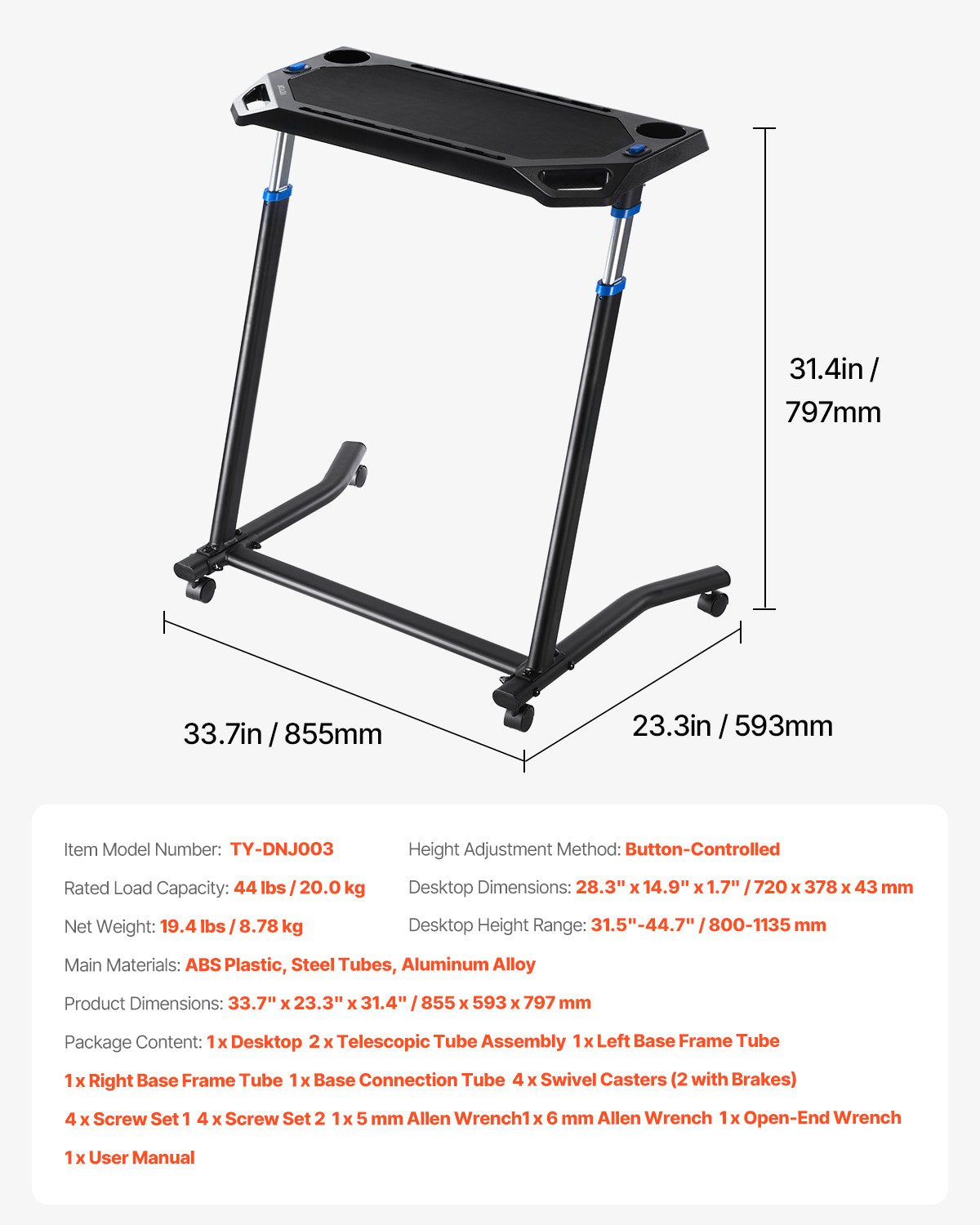 VEVOR Mobile Cycling Desk Foldable Bike Trainer Fitness Desk with Lockable Wheel
