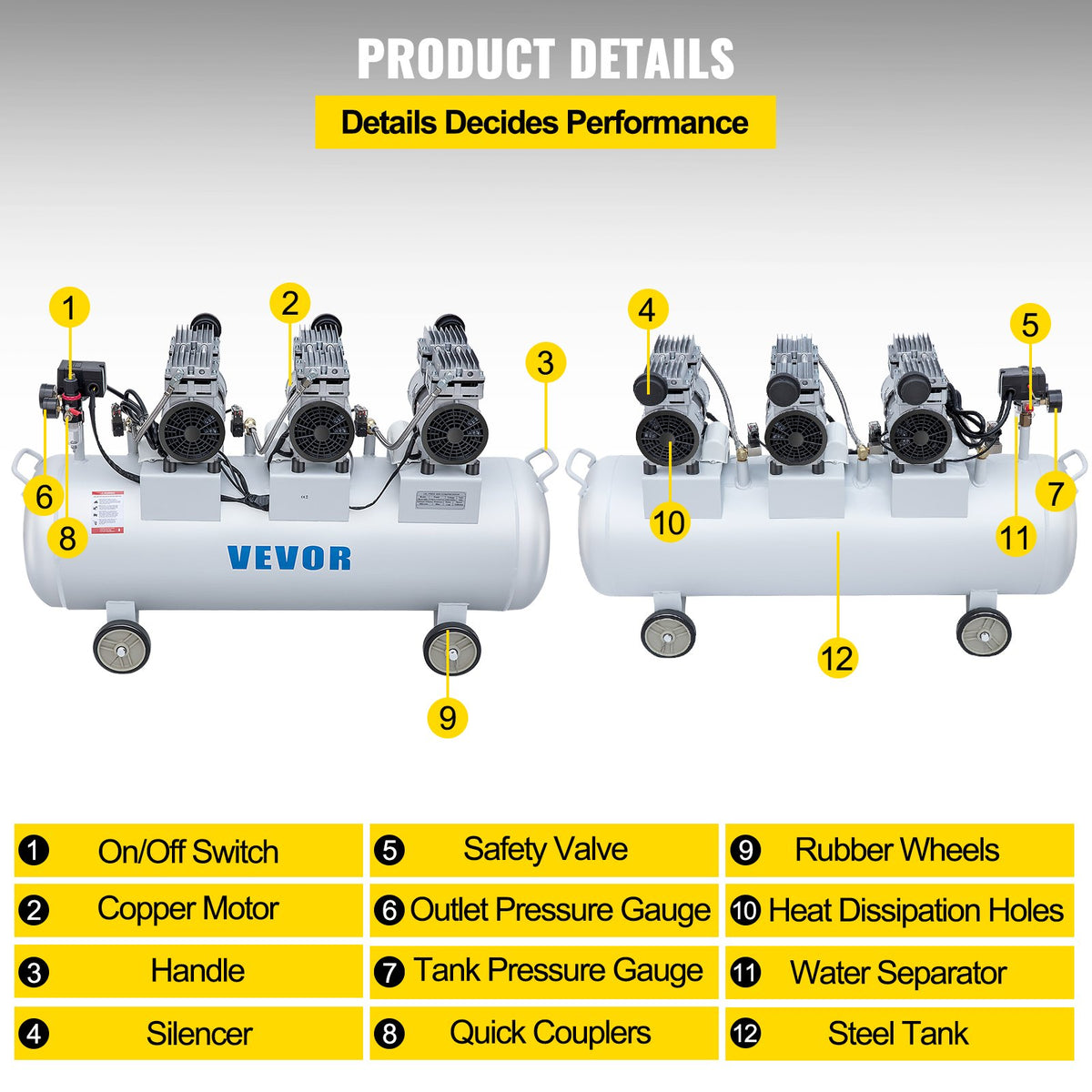 VEVOR Oil Free Air Compressor Air Compressor Tank 100L 3HP Ultra Silent Inflator