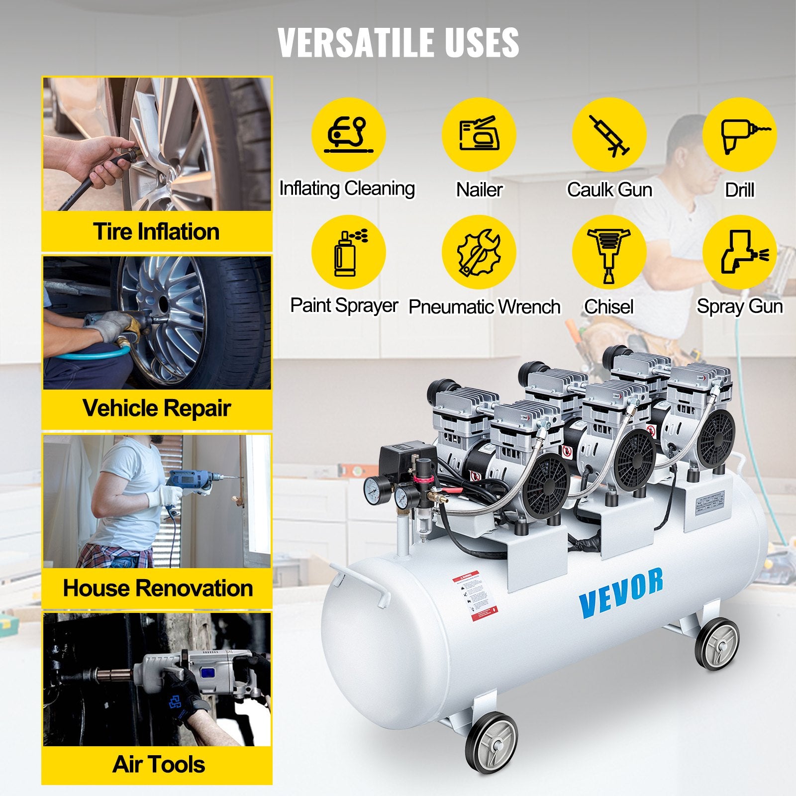 VEVOR Oil Free Air Compressor Air Compressor Tank 100L 3HP Ultra Silent Inflator