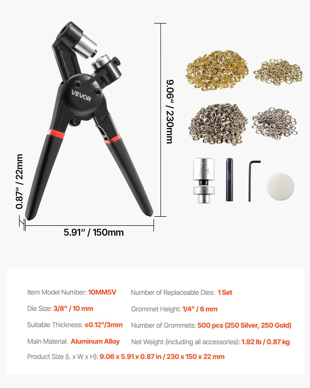 VEVOR Grommet Tool Kit 500 PCS 10 mm Metal Eyelets Grommets in Gold and Silver