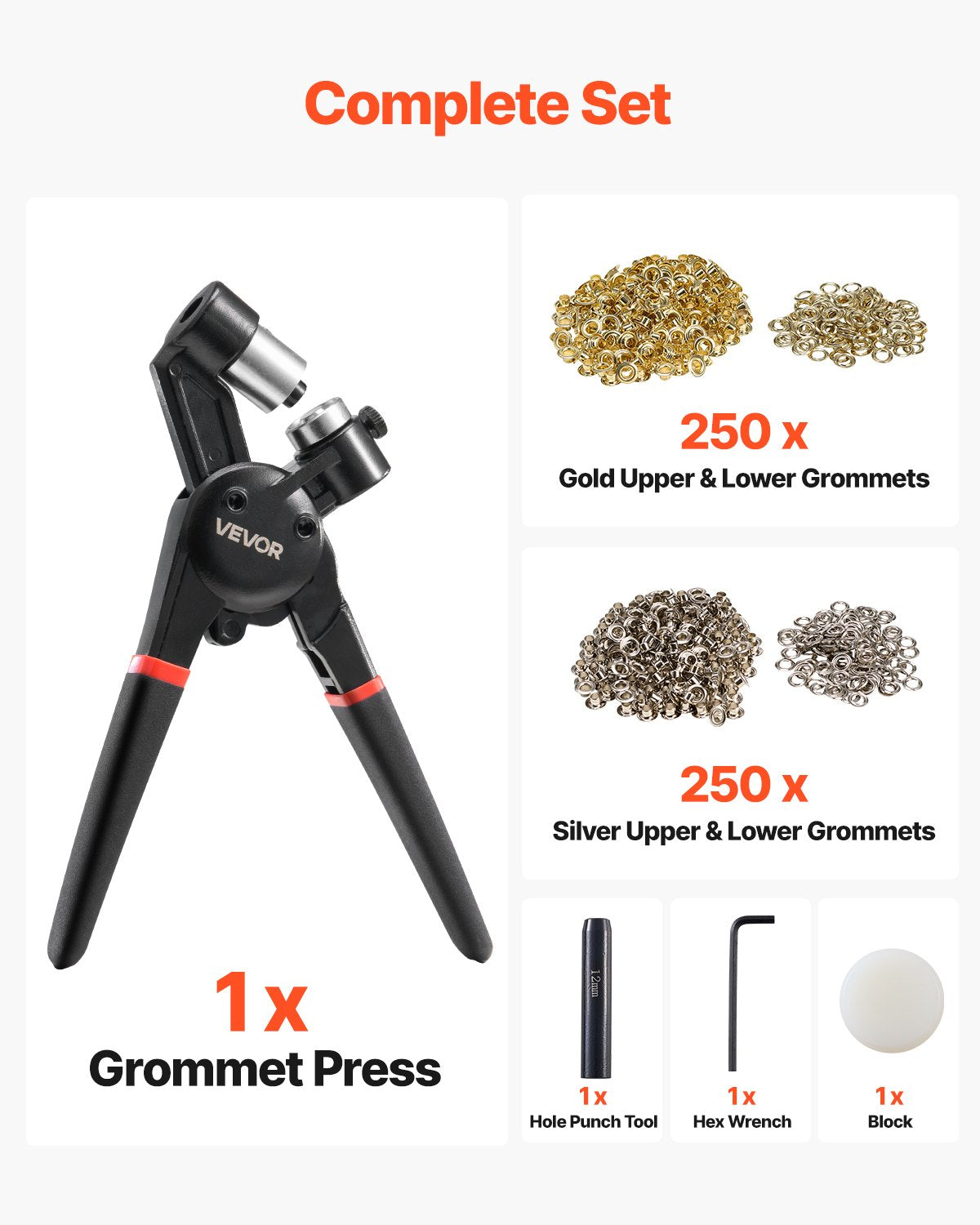 VEVOR Grommet Tool Kit 500 PCS 12 mm Metal Eyelets Grommets in Gold and Silver