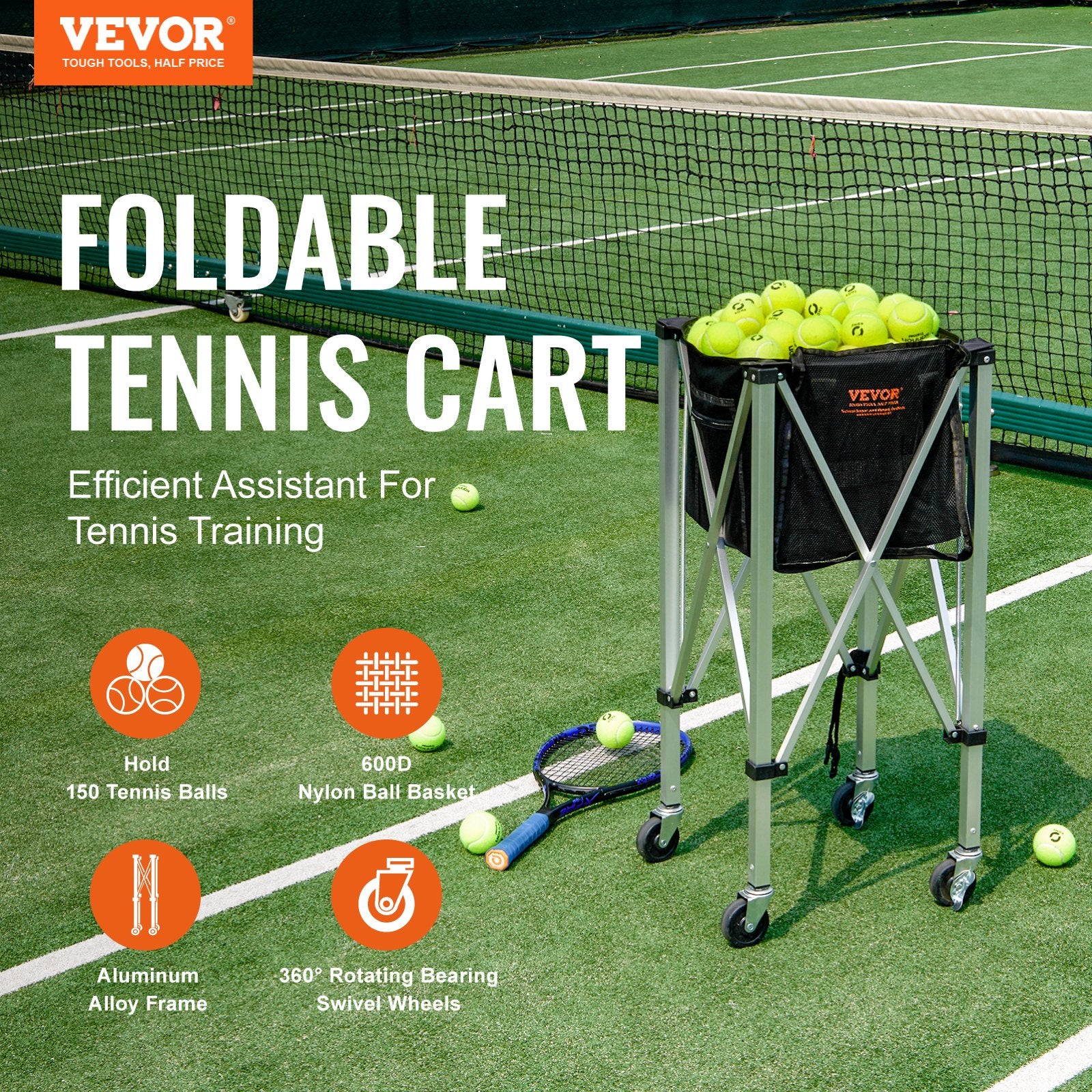 VEVOR Foldable Tennis Ball Hopper, Holds 150 Tennis Balls, Lightweight Aluminum Alloy Tennis Ball Basket Cart with Wheels, Removable Bag, Carry Bag, Portable Sports Teaching Cart for Tennis Player