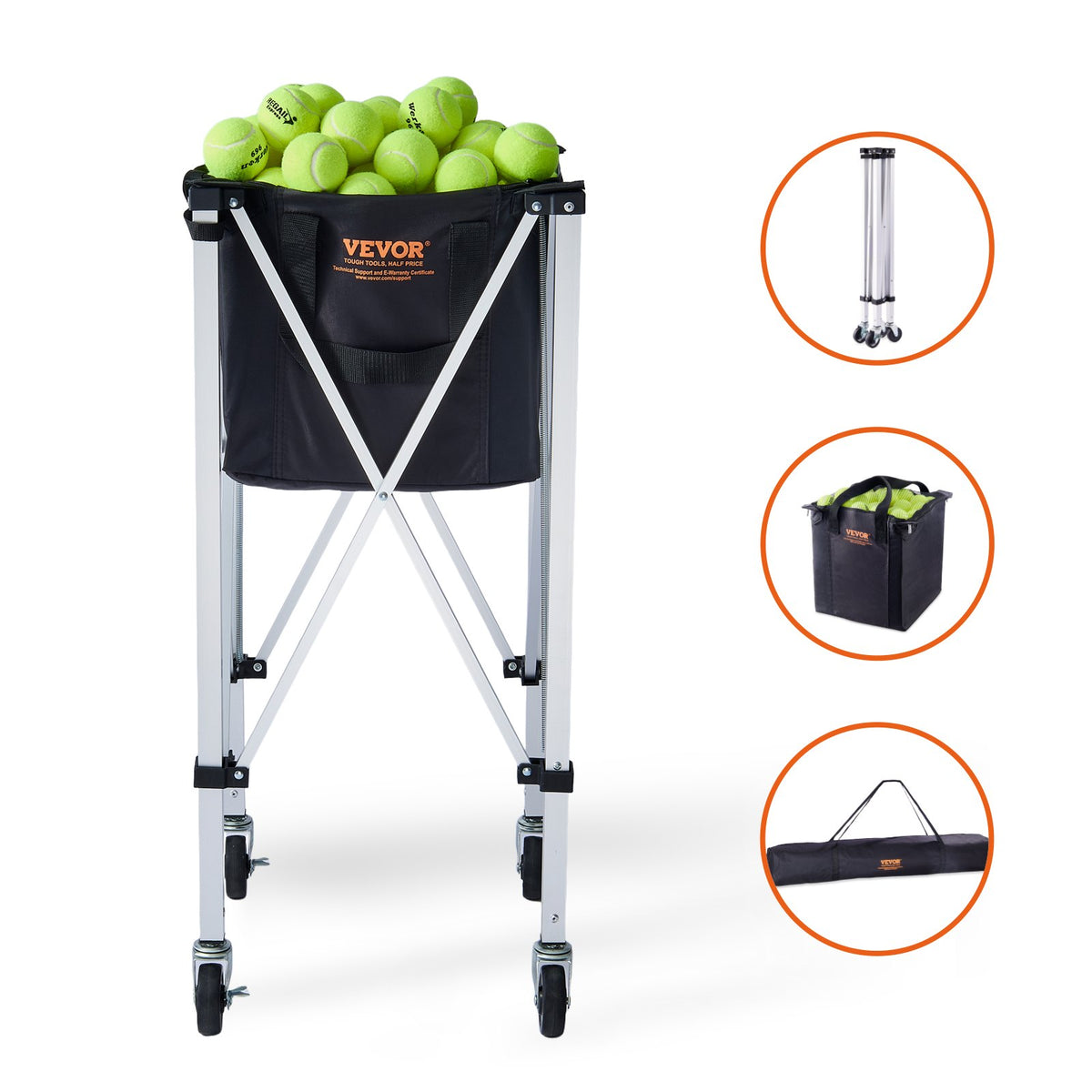 VEVOR Foldable Tennis Ball Hopper, Holds 150 Tennis Balls, Lightweight Aluminum Alloy Tennis Ball Basket Cart with Wheels, Removable Bag, Carry Bag, Portable Sports Teaching Cart for Tennis Player