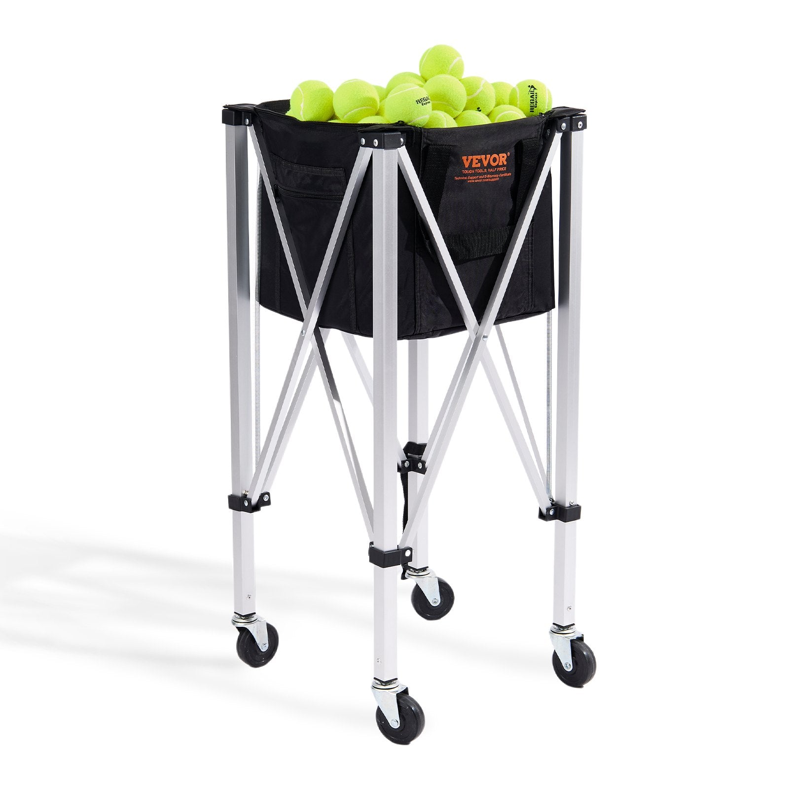 VEVOR Foldable Tennis Ball Hopper, Holds 180 Tennis Balls, Lightweight Aluminum Alloy Tennis Ball Basket Cart with Wheels, Removable Bag, Carry Bag, Portable Sports Teaching Cart for Tennis Player