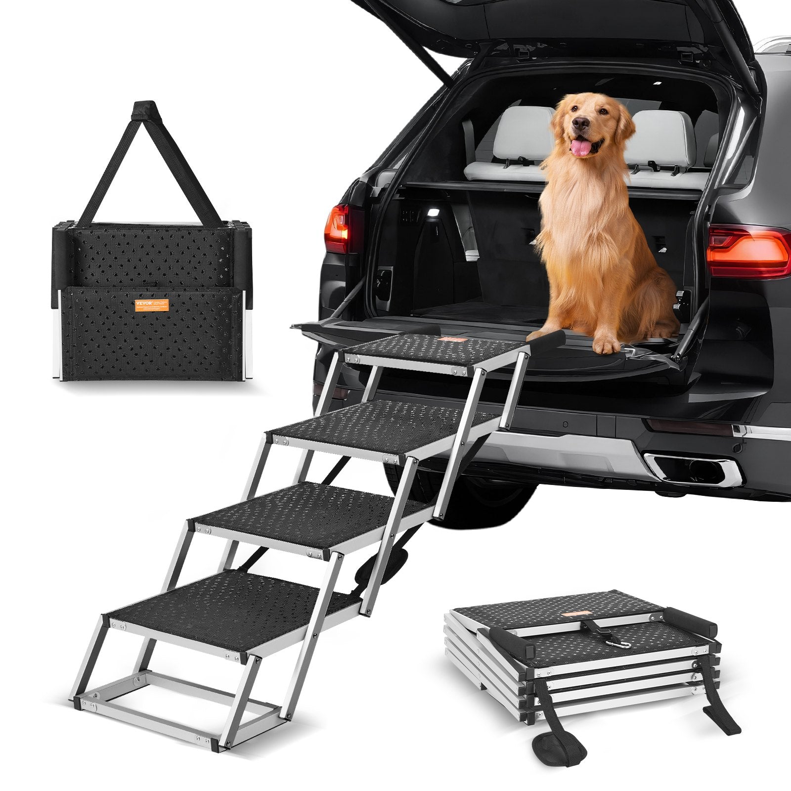 VEVOR Dog Stair for Cars 4-step Folding Dog Steps Aluminum Loads up to 150 lbs, Foldable 24-25.4 in Adjustable Height