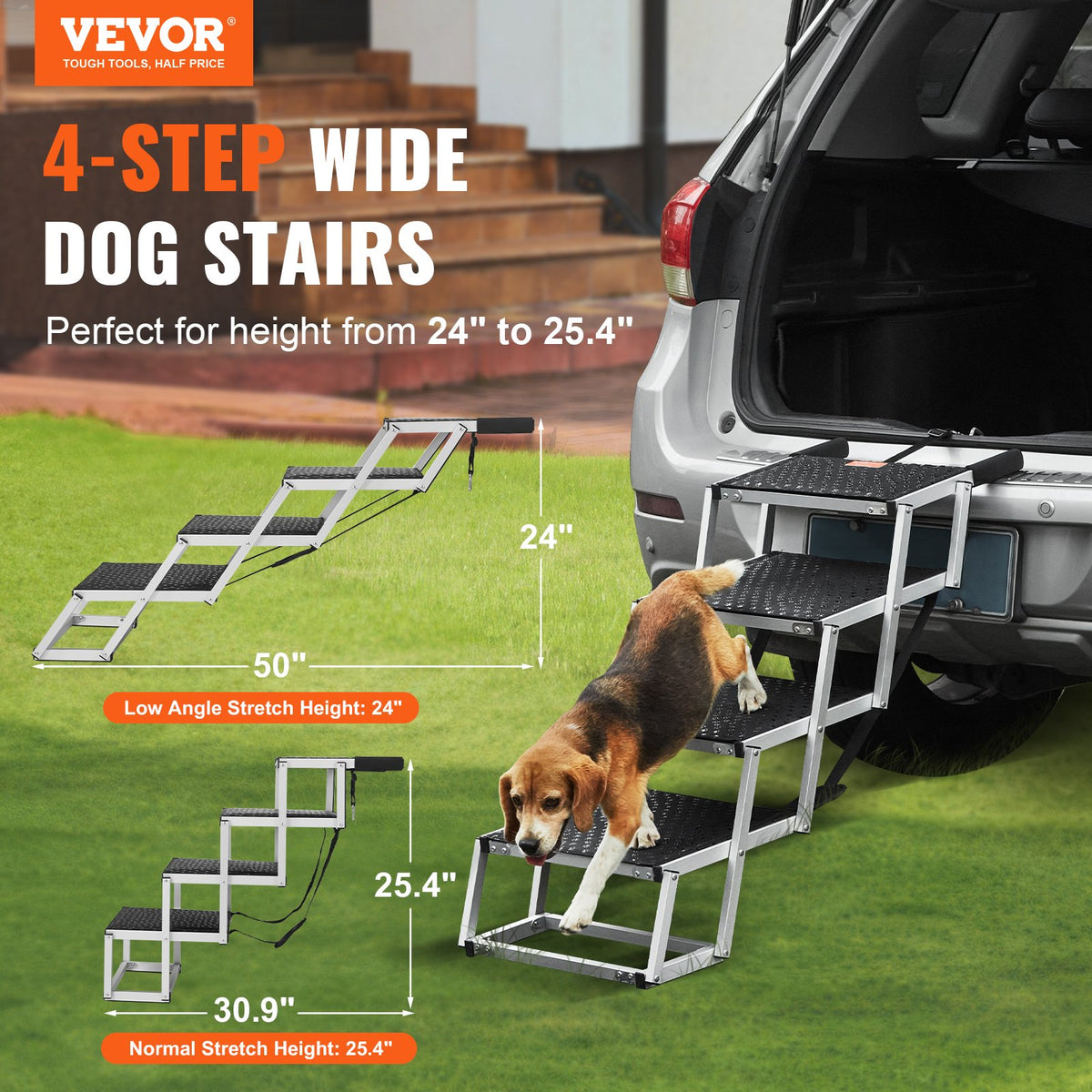 VEVOR Dog Stair for Cars 4-step Folding Dog Steps Aluminum Loads up to 150 lbs, Foldable 24-25.4 in Adjustable Height