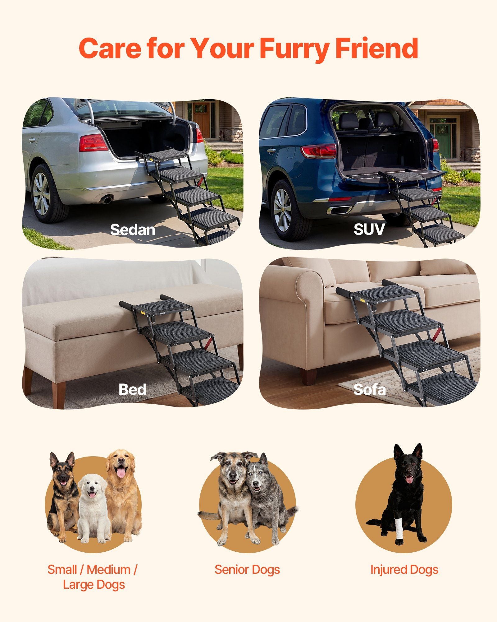 Dog Stairs for Car, 5 Steps Extra Wide Foldable Dog Ramp for Large Dogs with Non-Slip Rug Surface, Portable Lightweight Pet Ladder for Car, SUV, Truck, High Beds, Sofas, Support up to 91 kg