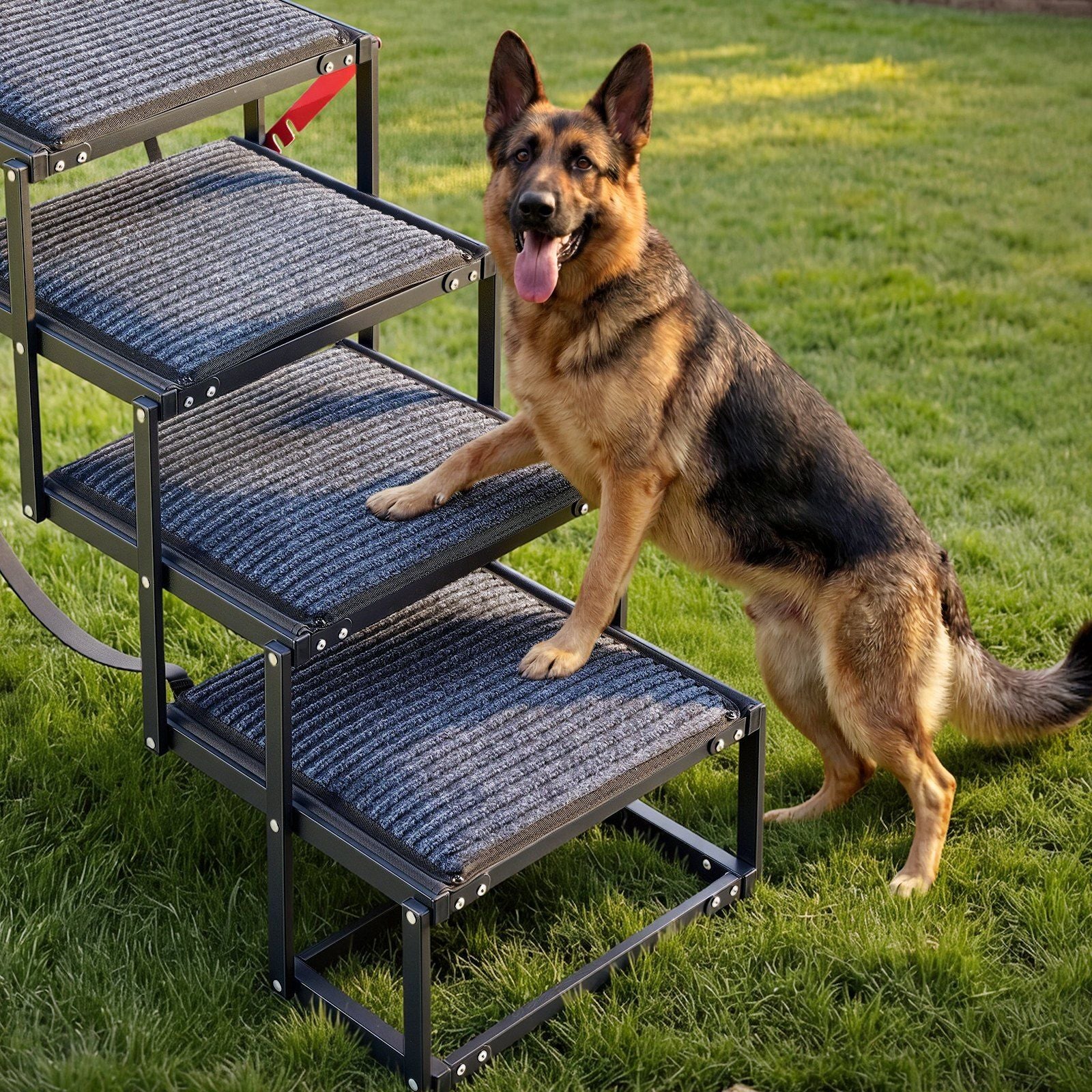 Dog Stairs for Car, 5 Steps Extra Wide Foldable Dog Ramp for Large Dogs with Non-Slip Rug Surface, Portable Lightweight Pet Ladder for Car, SUV, Truck, High Beds, Sofas, Support up to 91 kg