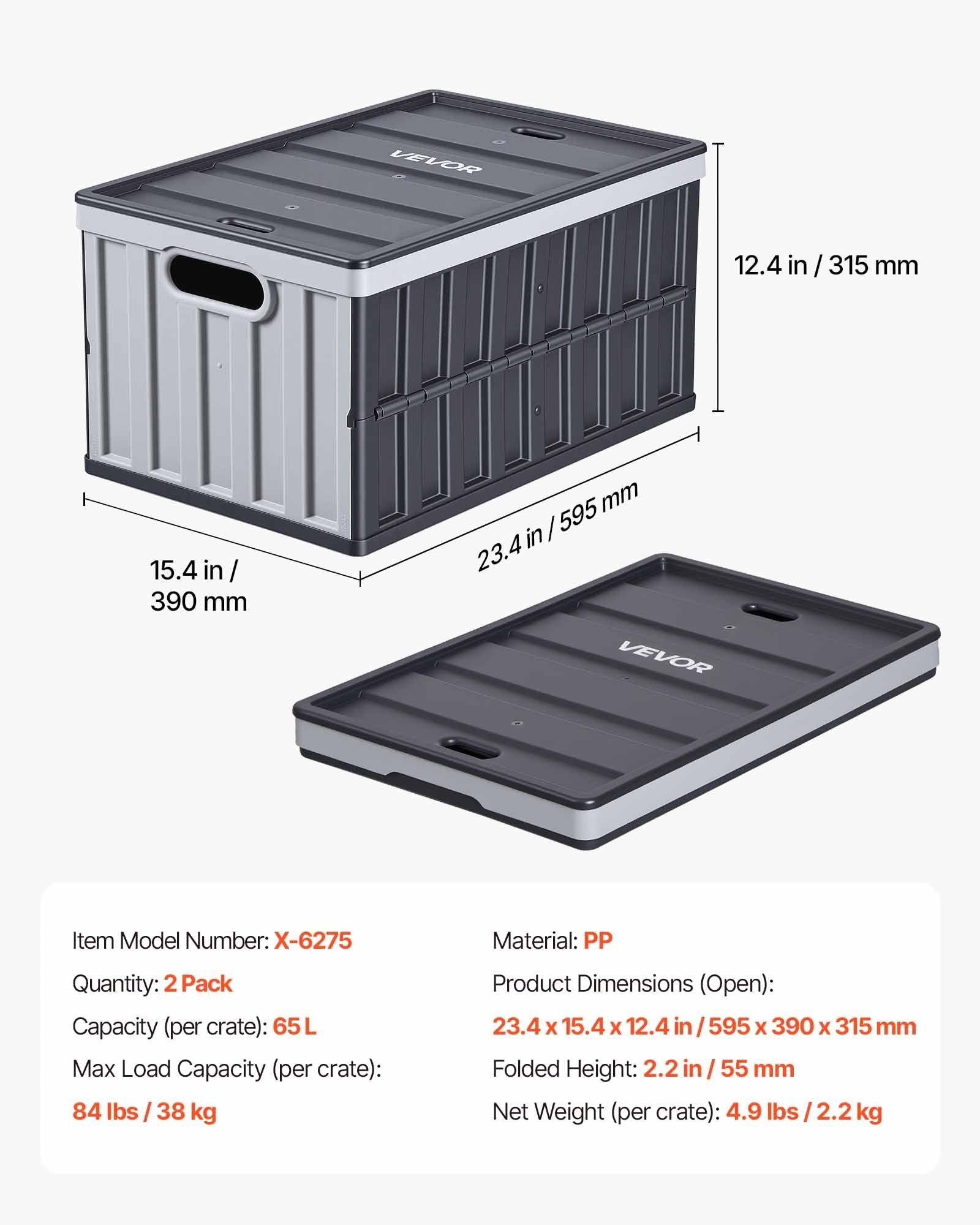 Plastic Collapsible Storage Bins with Lids, 65L 2 Packs, Stackable Folding Storage Crates with Handles, Holds 38 kg Per Bin, Heavy Duty Containers, Space-Saving Baskets, for Home Organizing