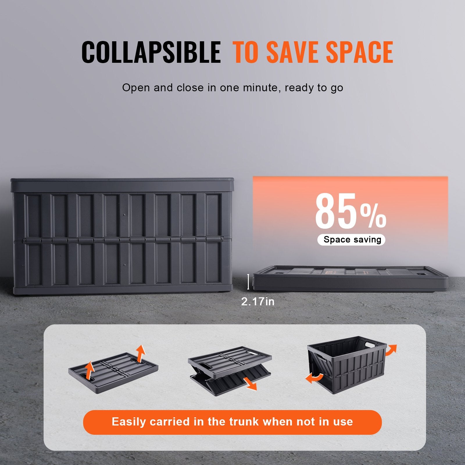 VEVOR Collapsible Storage Bins with Lids, 65L 3 Packs, Folding Plastic Stackable Utility Crates with Handles, Large Heavy Duty Containers for Clothes, Toys, Books, Snack, Shoes, and Grocery Organizing